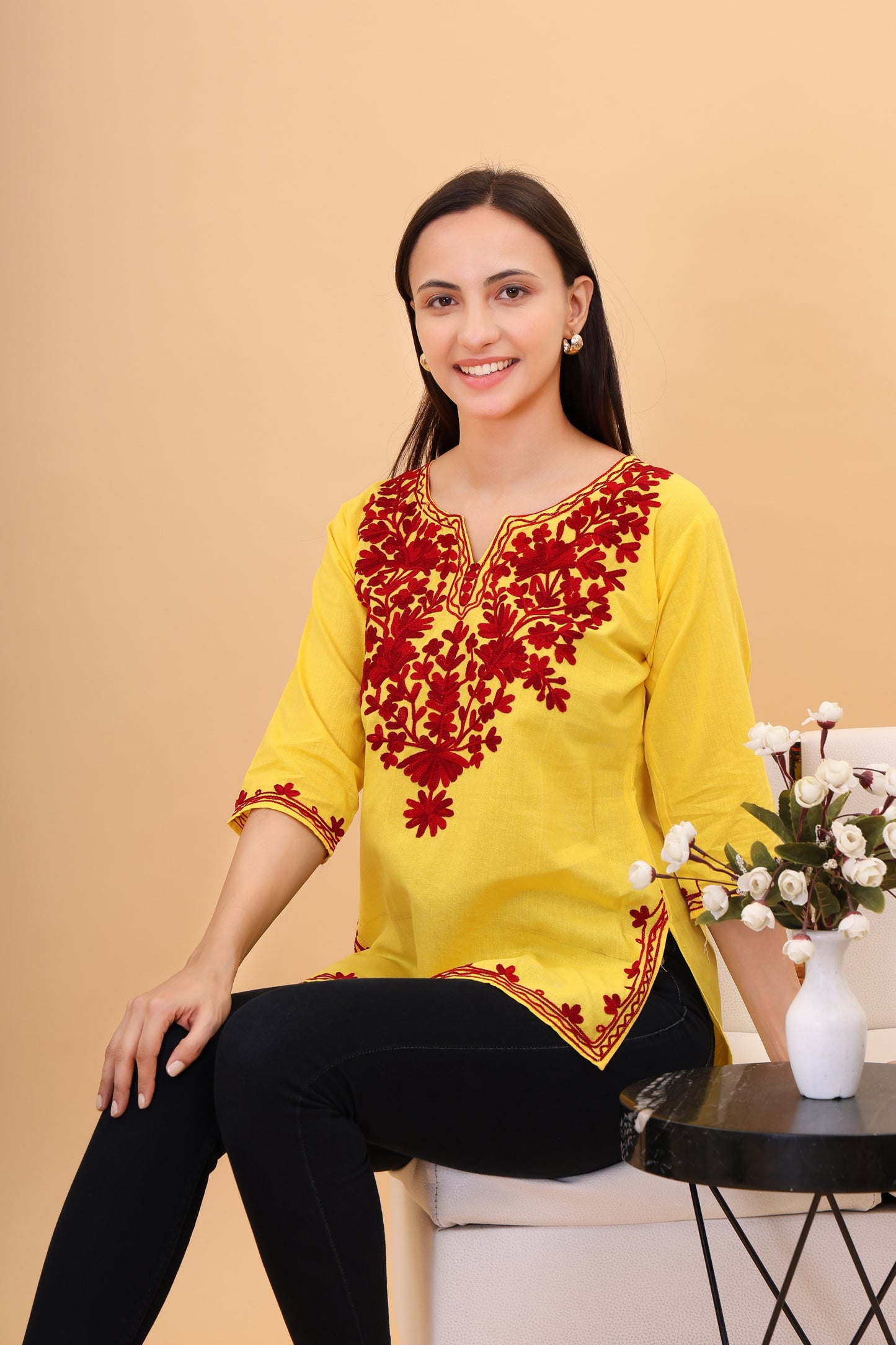 Women Cotton Kashmiri Embriodered Short Regular Fit Kurti