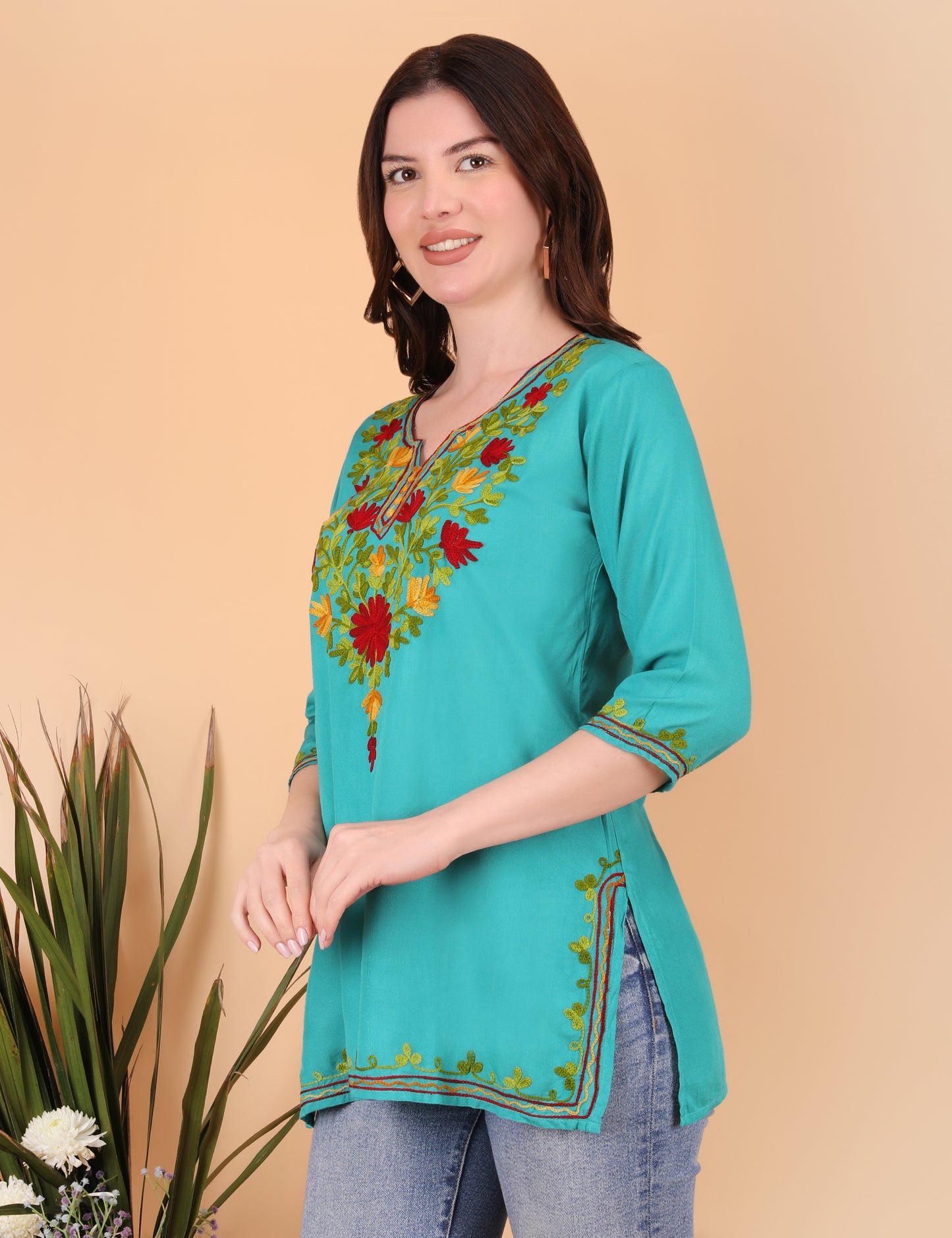 Women Ryon Kashmiri Embriodered Short Regular Fit Kurti