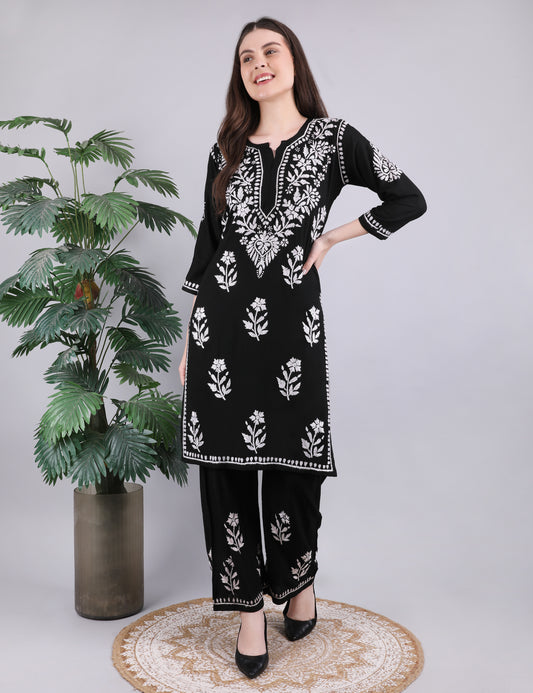 iKRABIB Women's Chikankari Kurti Palazzo Set, Black with White Floral Design, 3/4 Sleeves