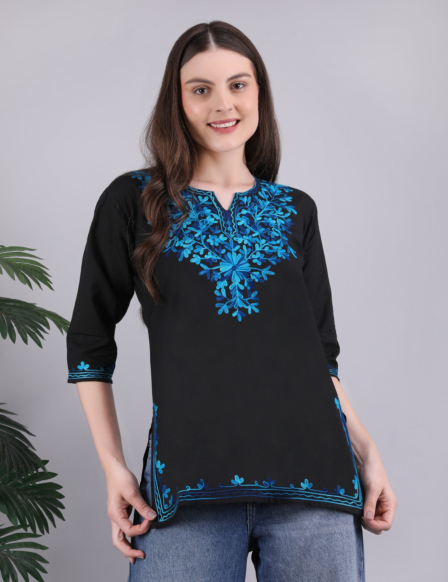 Women Cotton Kashmiri Embriodered Short Regular Fit Kurti