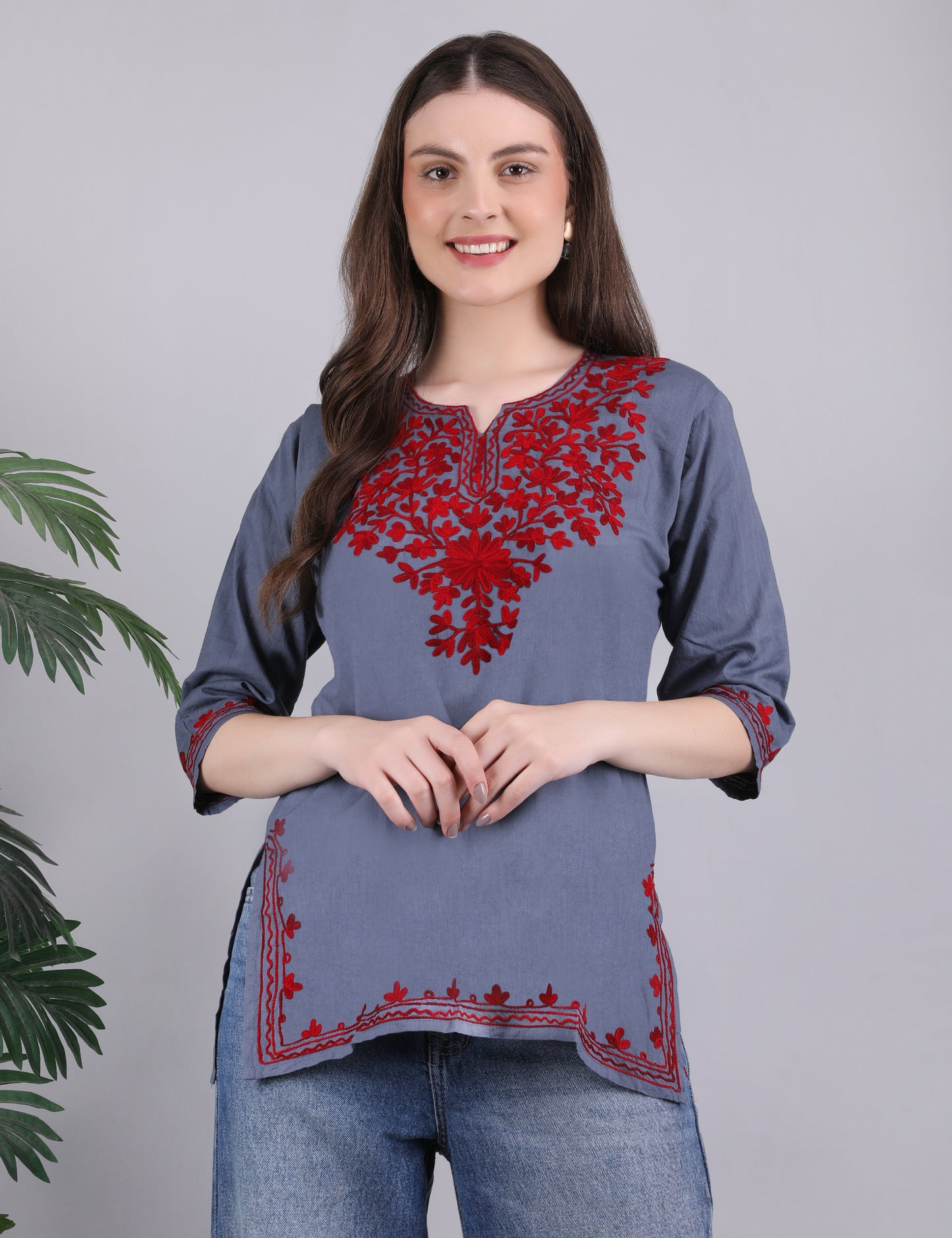 Women Cotton Kashmiri Embriodered Short Regular Fit Kurti