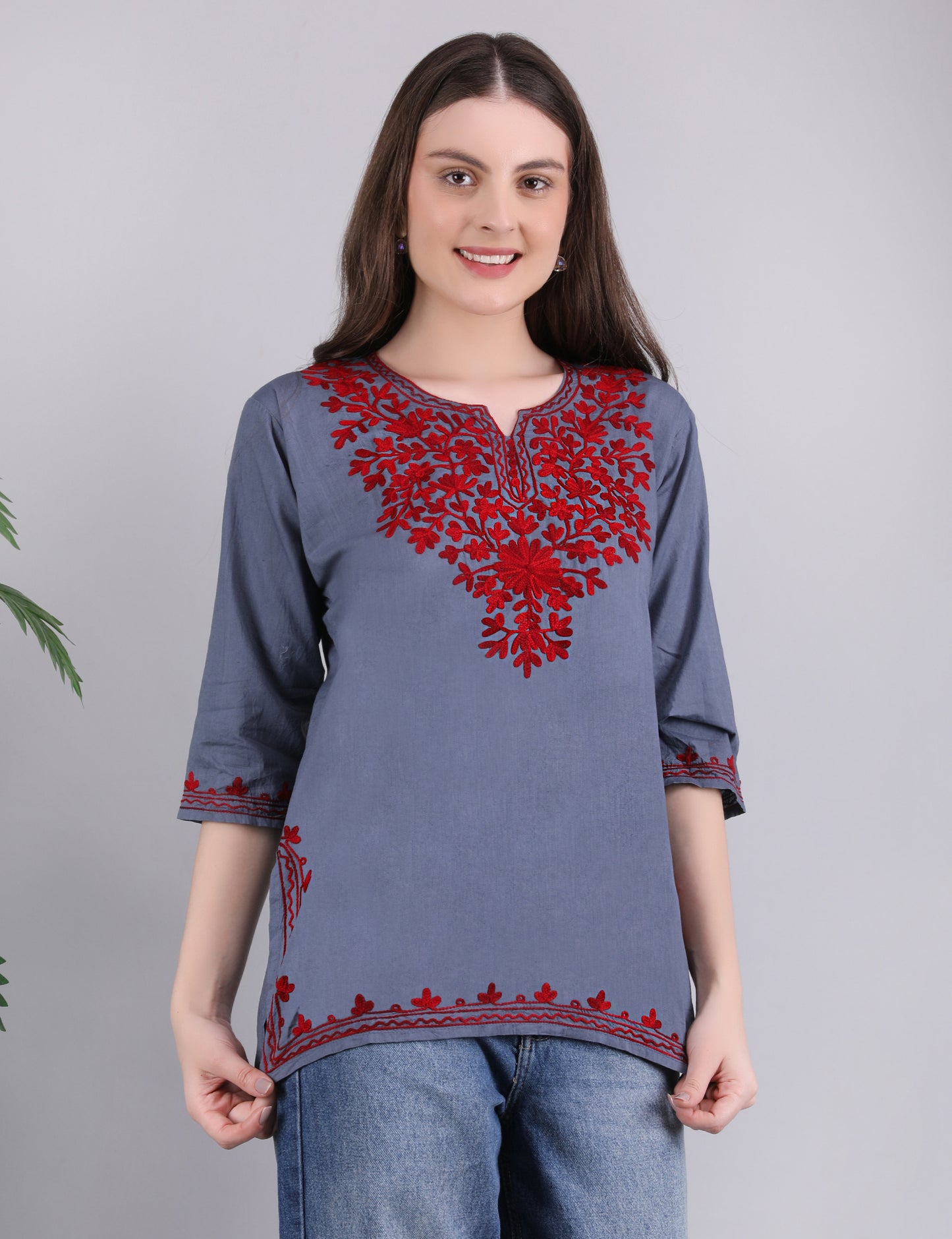 Women Cotton Kashmiri Embriodered Short Regular Fit Kurti