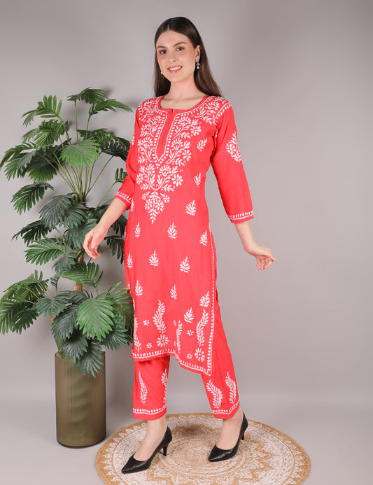 iKRABIB Women's Chikankari Kurti Palazzo Set, Pink with White Floral Design, 3/4 Sleeves