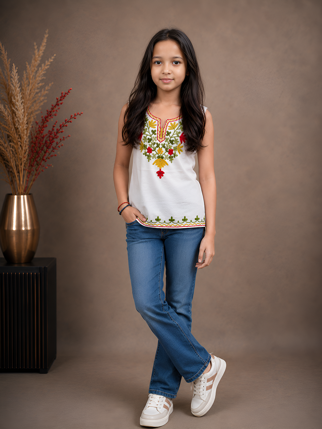 Kids Traditional Kashmiri Kurti with Floral Embroidery, Sleeveless, Ethnic Wear