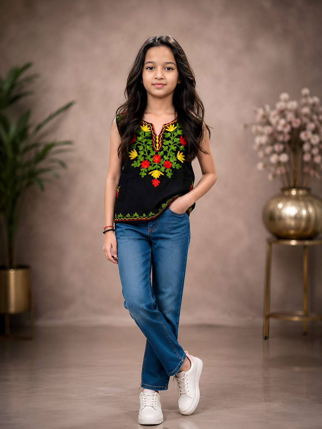 Kids Traditional Kashmiri Kurti with Floral Embroidery, Sleeveless, Ethnic Wear