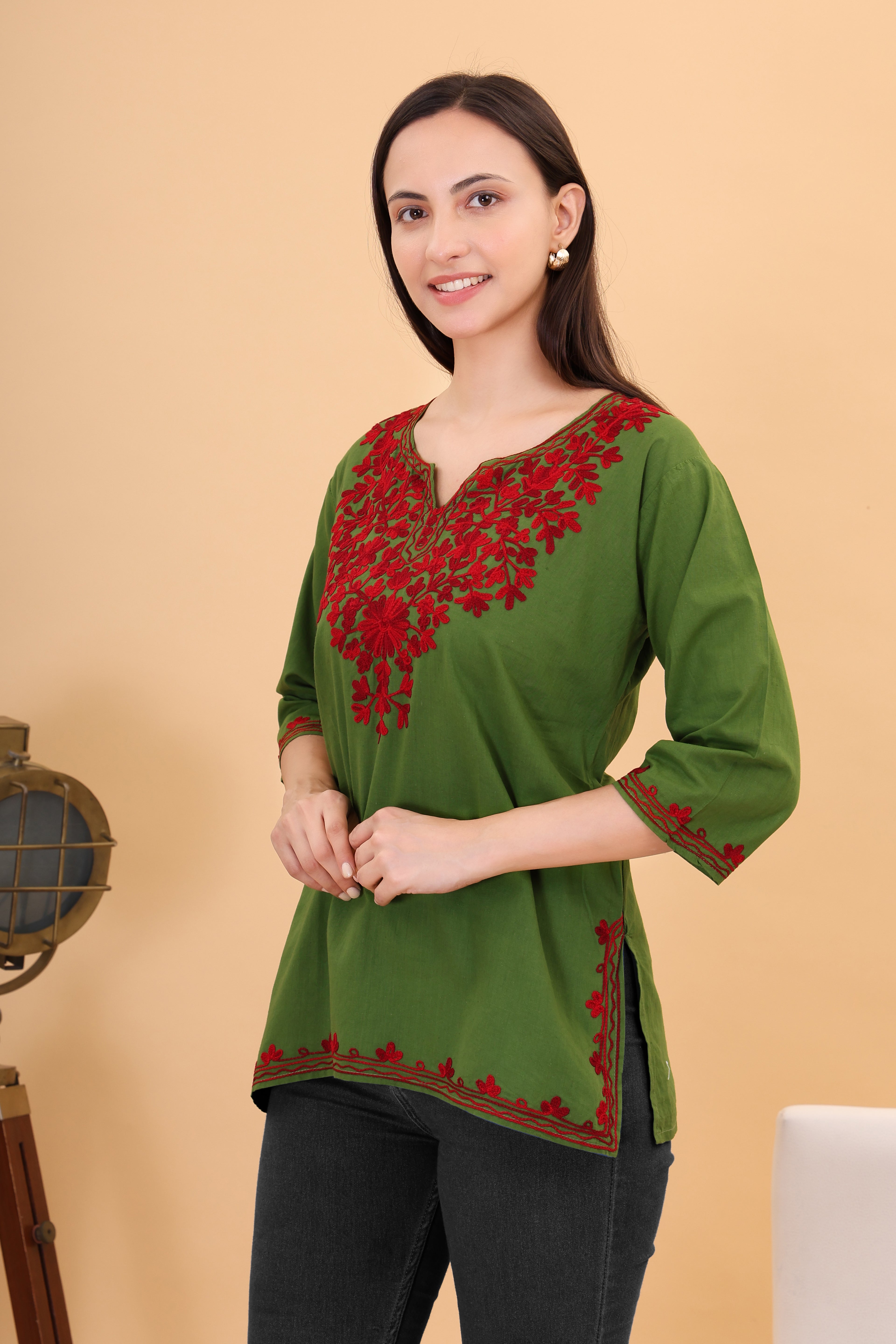 Women Cotton Kashmiri Embriodered Short Regular Fit Kurti