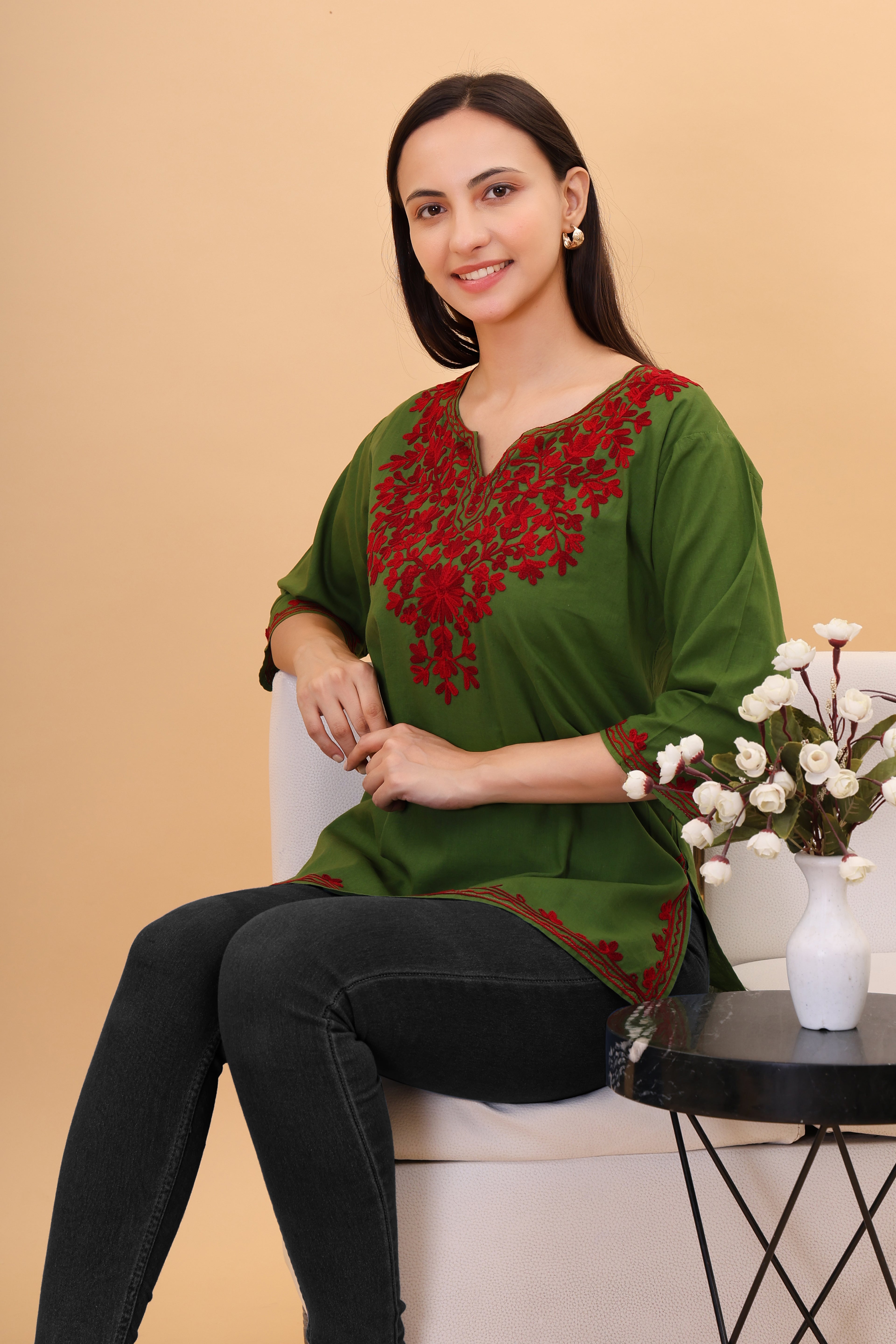 Women Cotton Kashmiri Embriodered Short Regular Fit Kurti