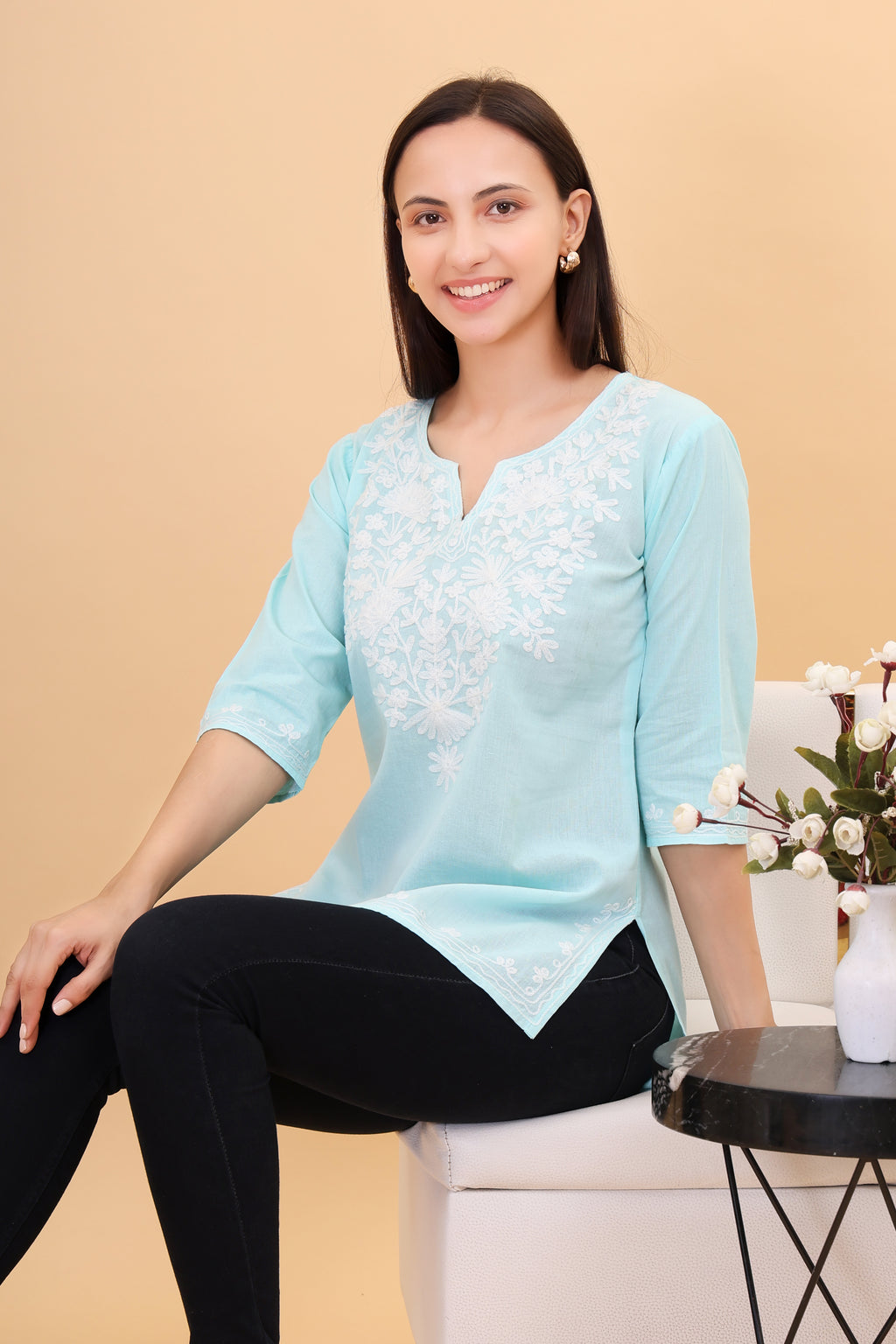 Women Cotton Kashmiri Embriodered Short Regular Fit Kurti