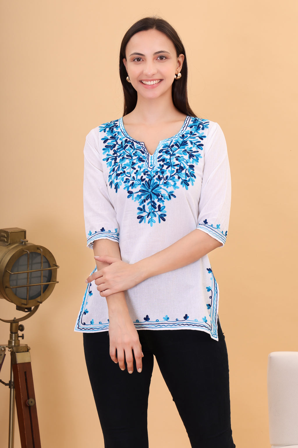 Women Cotton Kashmiri Embriodered Short Regular Fit Kurti