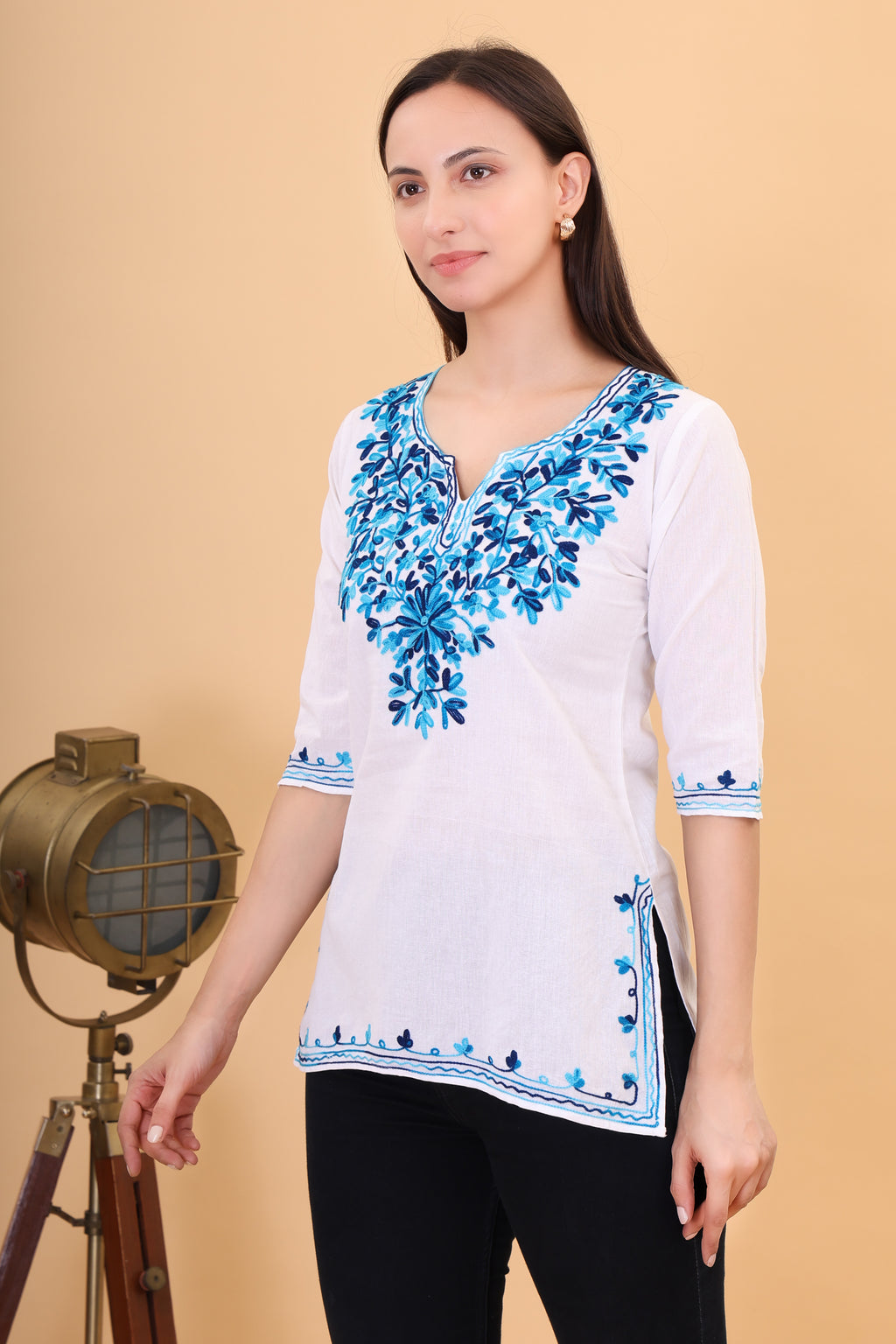 Women Cotton Kashmiri Embriodered Short Regular Fit Kurti