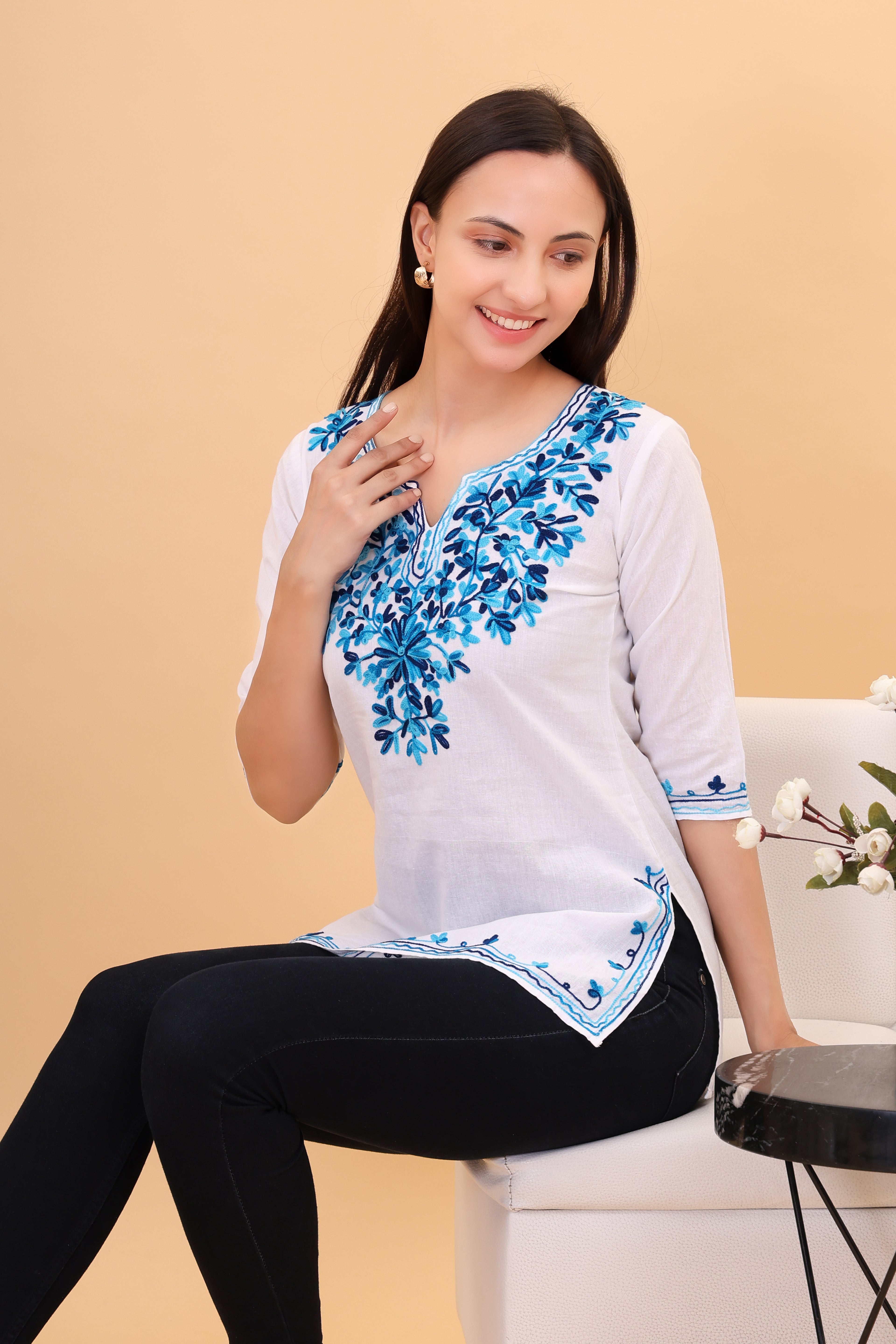 Women Cotton Kashmiri Embriodered Short Regular Fit Kurti