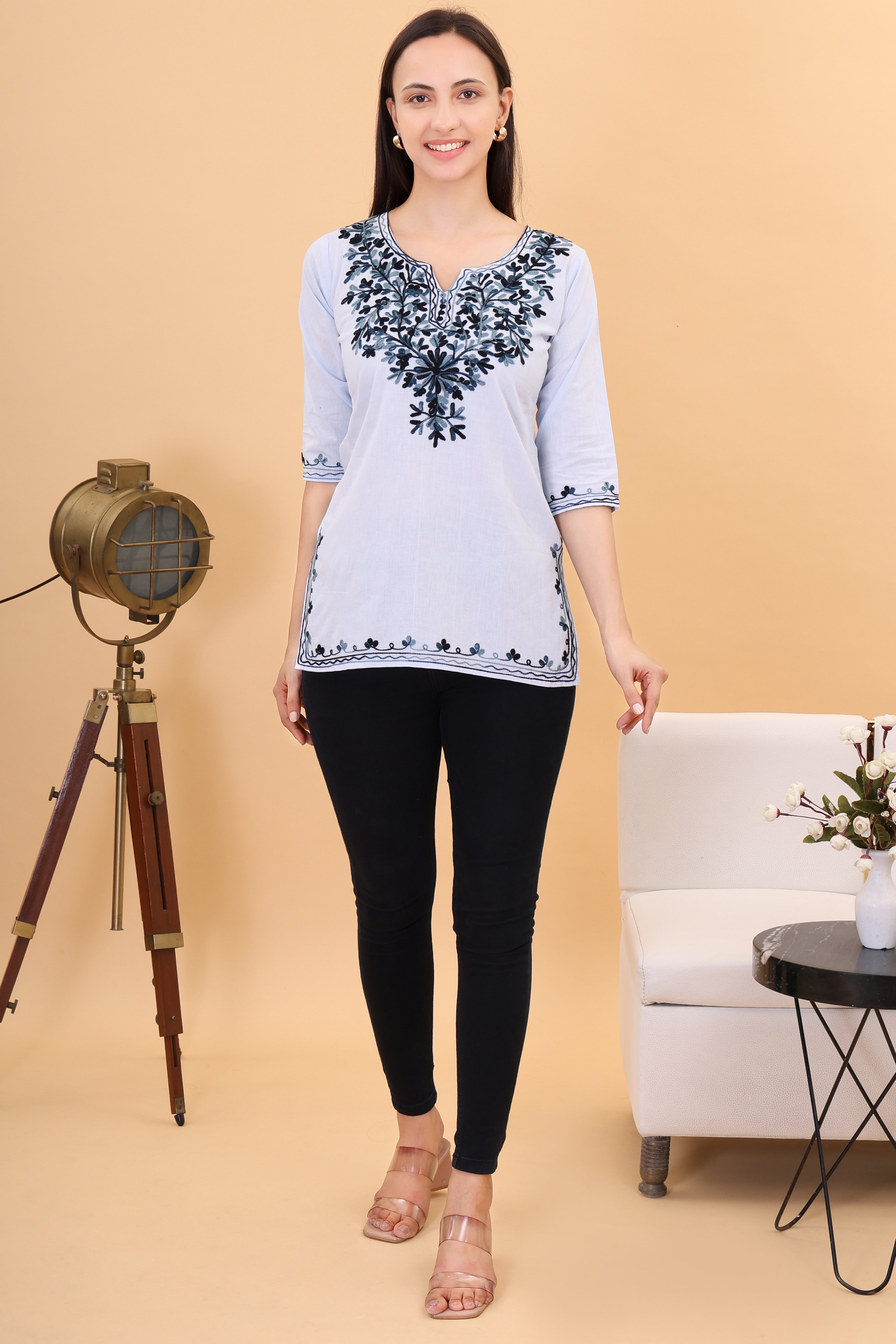Women Cotton Kashmiri Embriodered Short Regular Fit Kurti