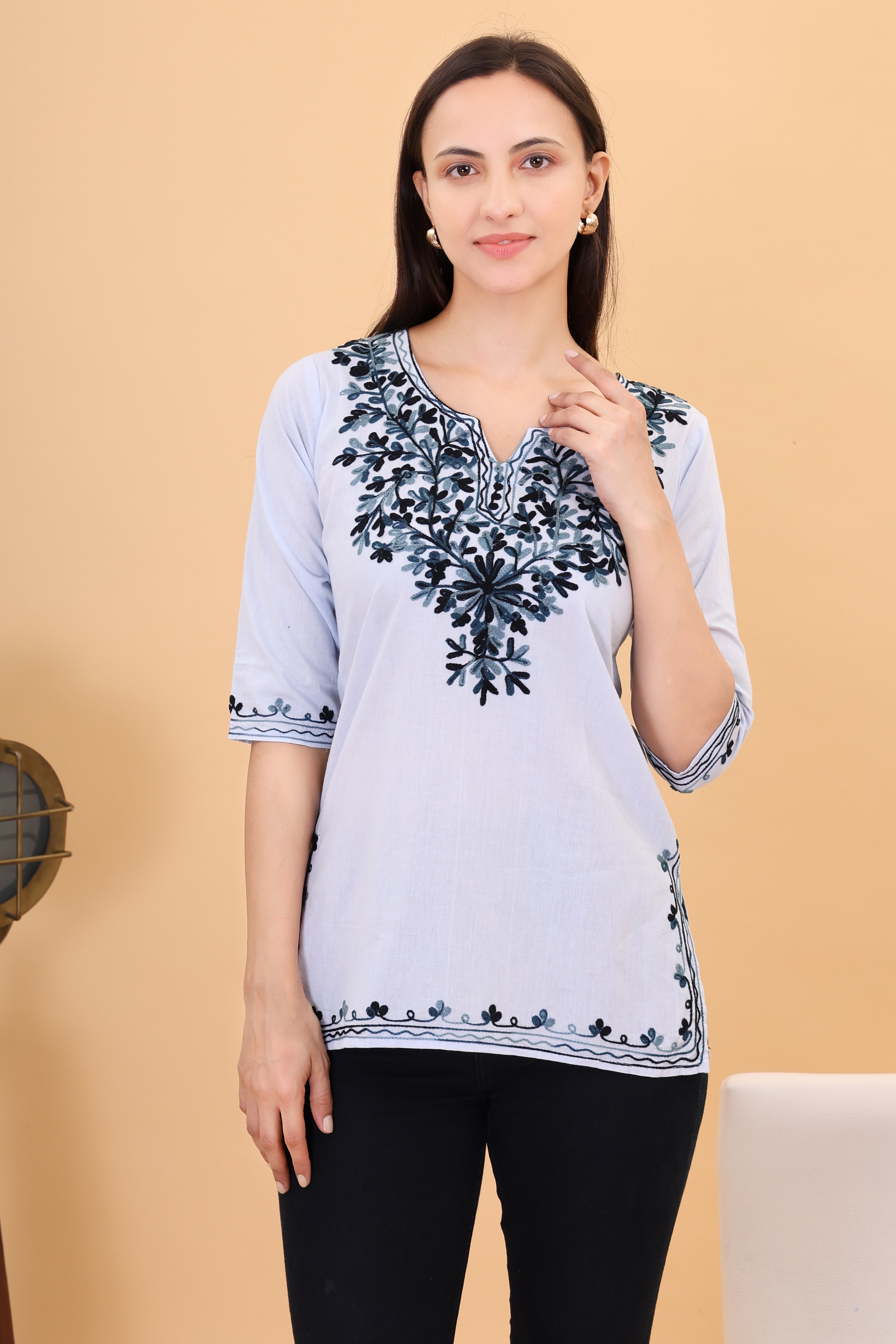 Women Cotton Kashmiri Embriodered Short Regular Fit Kurti