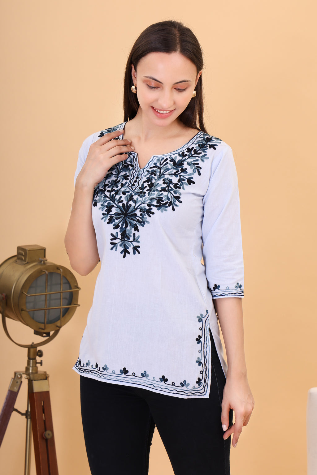 Women Cotton Kashmiri Embriodered Short Regular Fit Kurti