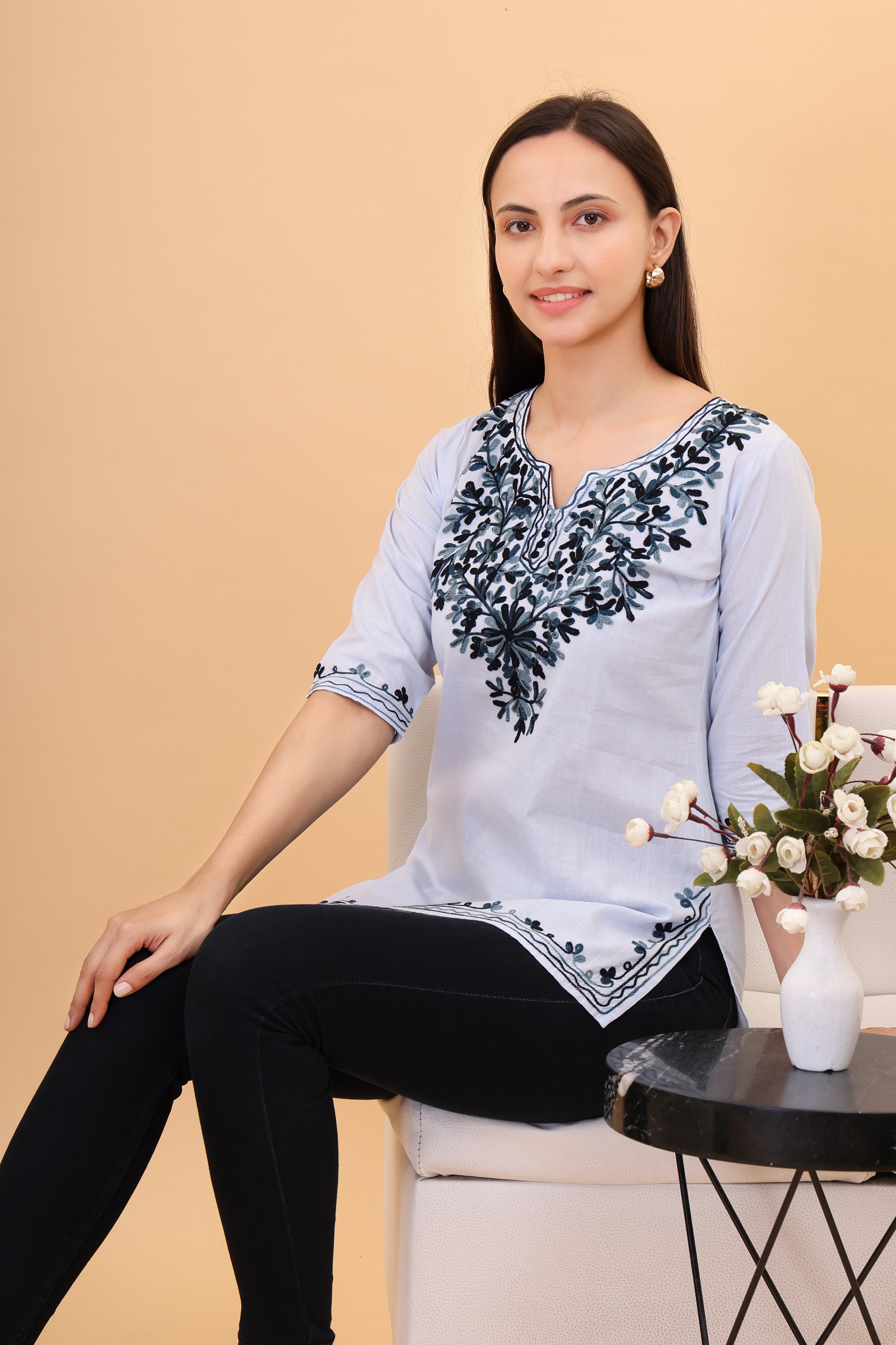 Women Cotton Kashmiri Embriodered Short Regular Fit Kurti