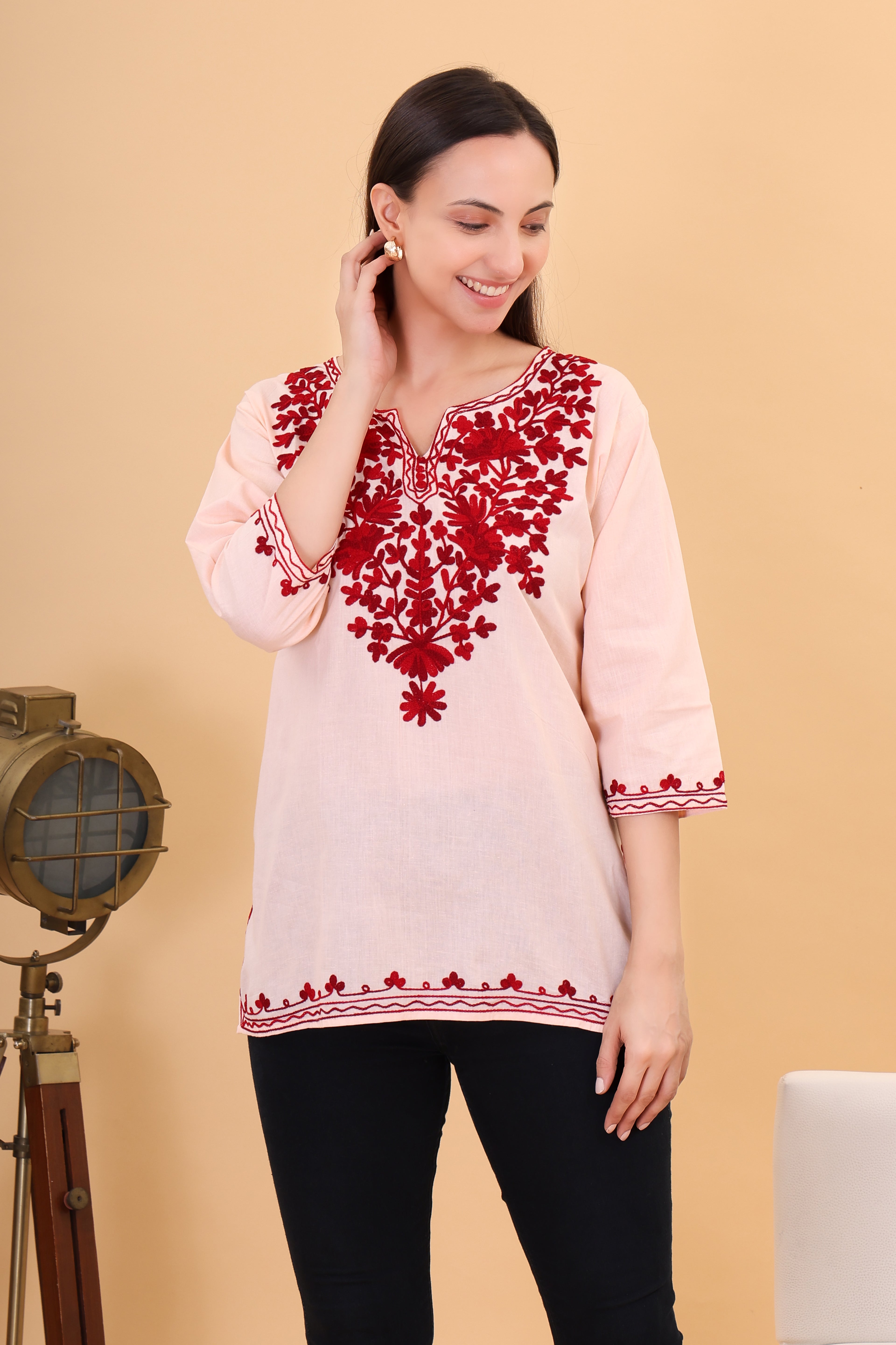 Women Cotton Kashmiri Embriodered Short Regular Fit Kurti