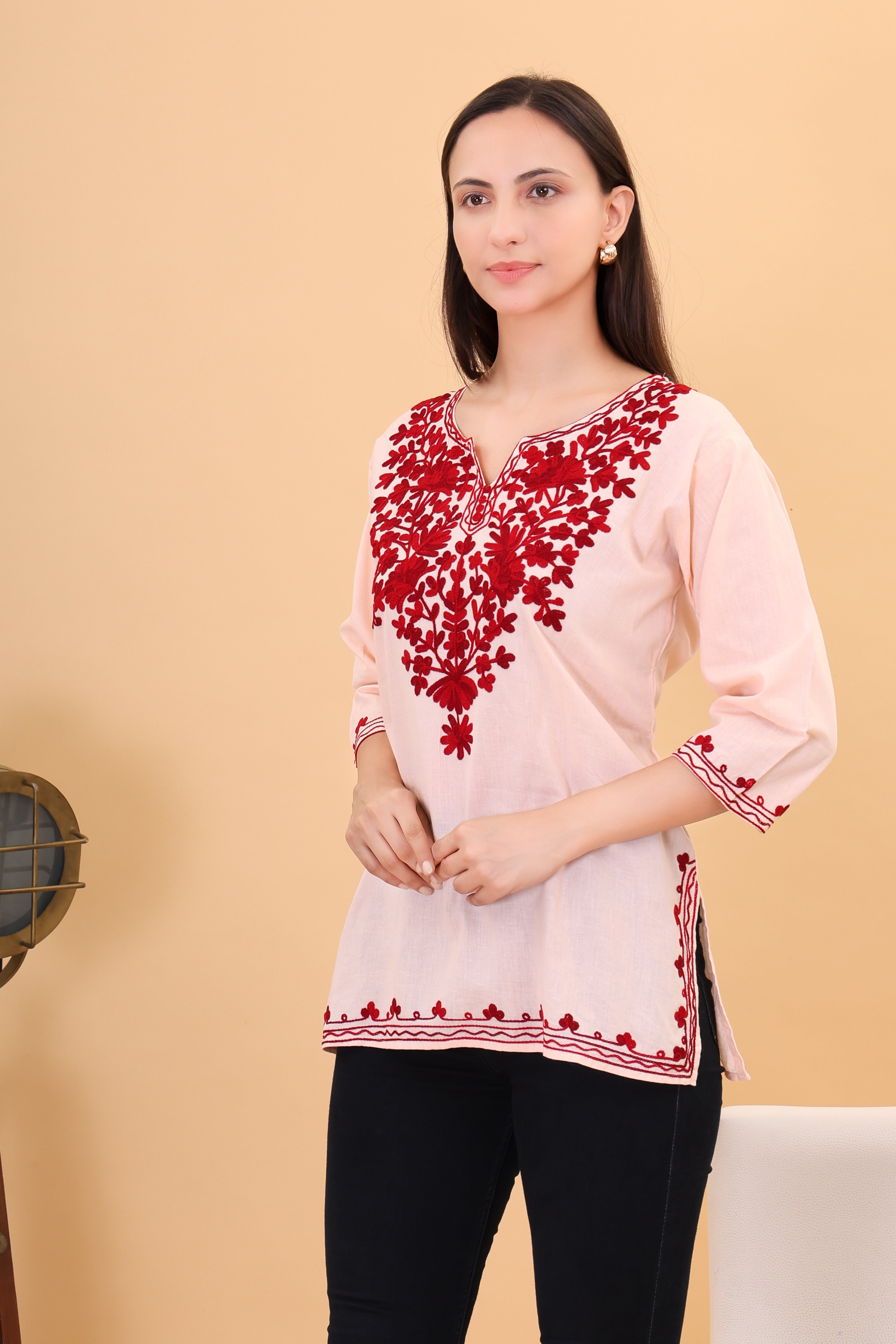 Women Cotton Kashmiri Embriodered Short Regular Fit Kurti