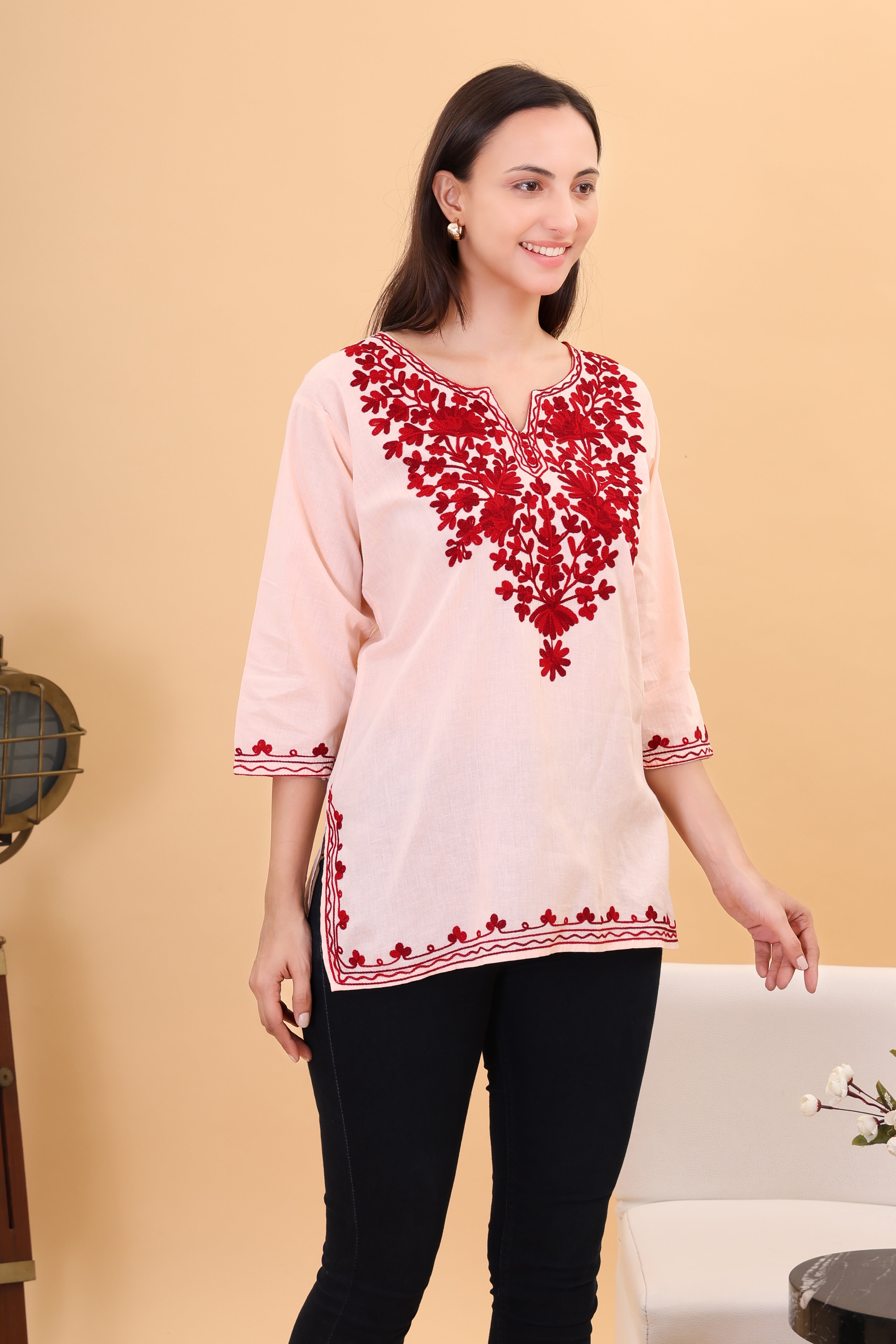 Women Cotton Kashmiri Embriodered Short Regular Fit Kurti