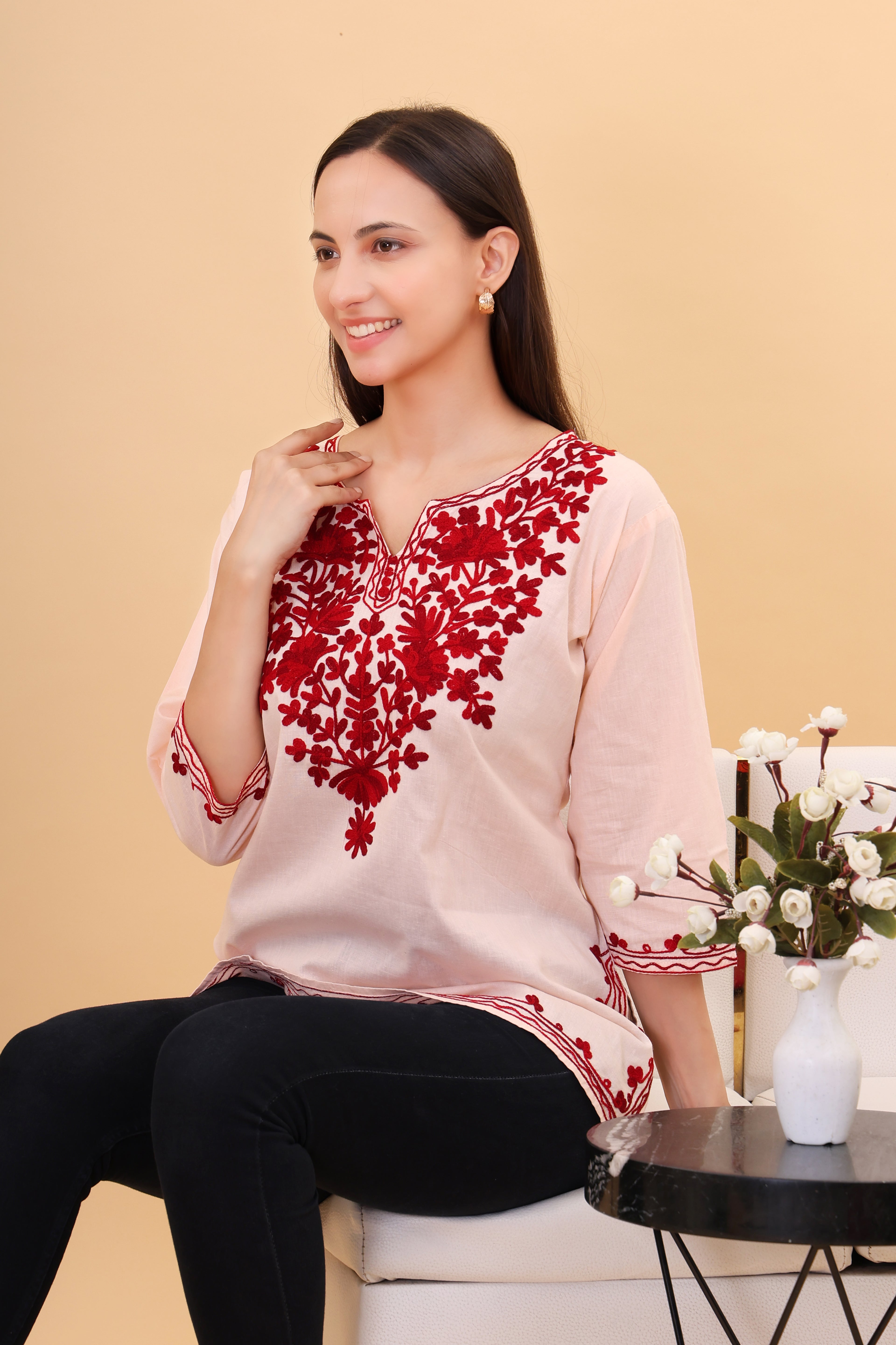 Women Cotton Kashmiri Embriodered Short Regular Fit Kurti