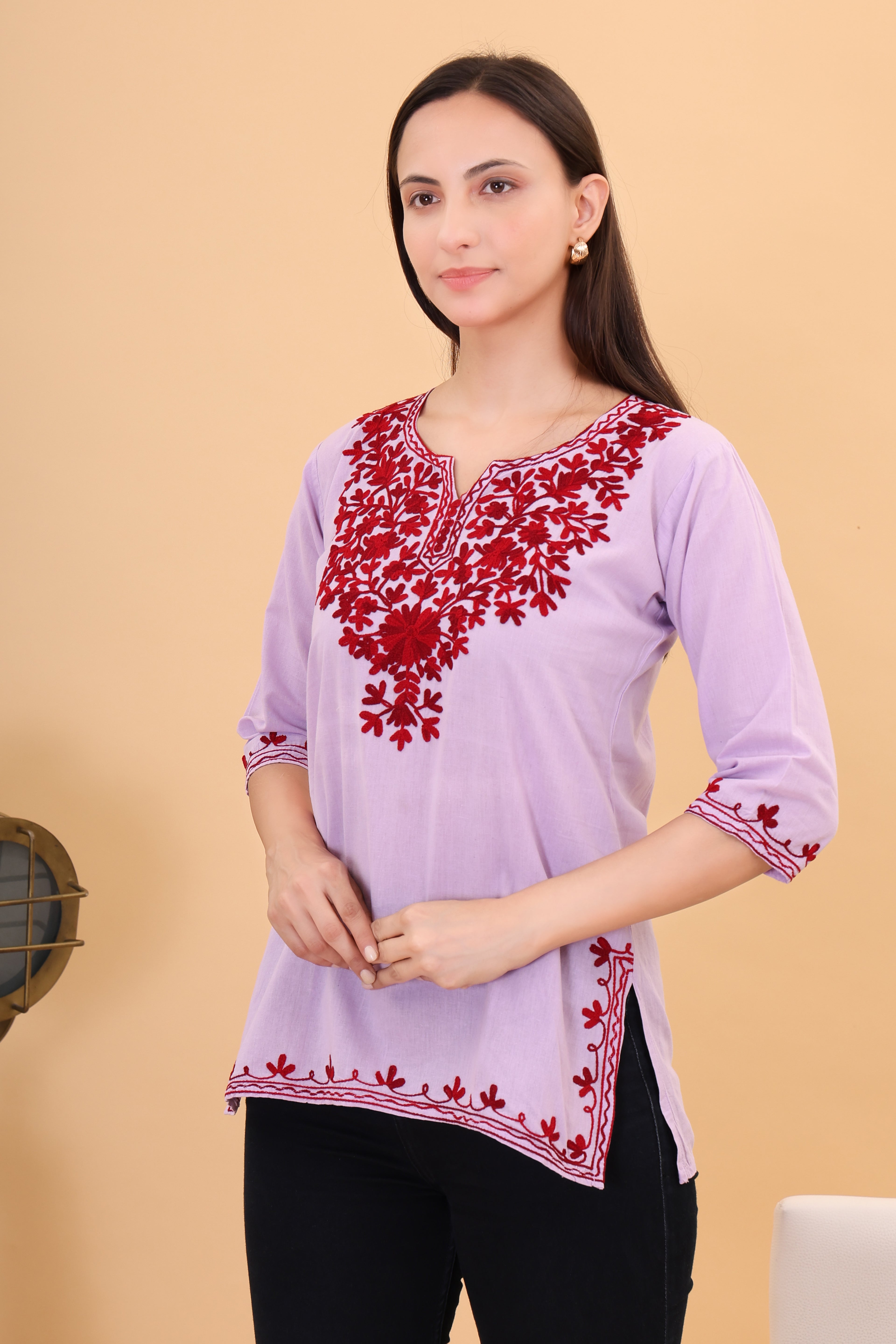 Women Cotton Kashmiri Embriodered Short Regular Fit Kurti
