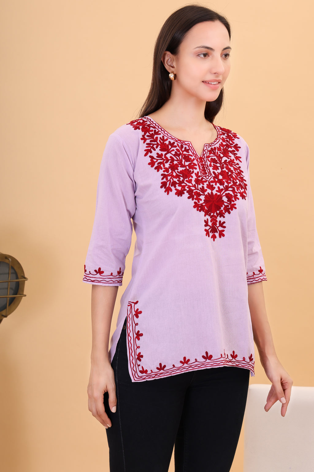 Women Cotton Kashmiri Embriodered Short Regular Fit Kurti