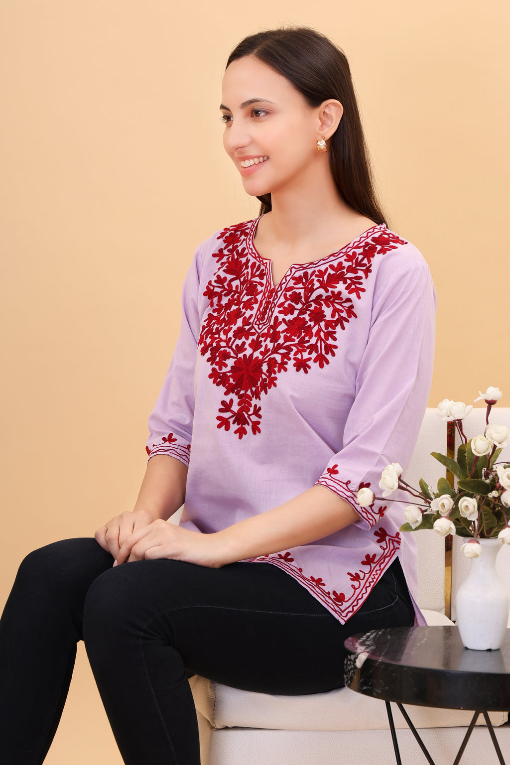 Women Cotton Kashmiri Embriodered Short Regular Fit Kurti