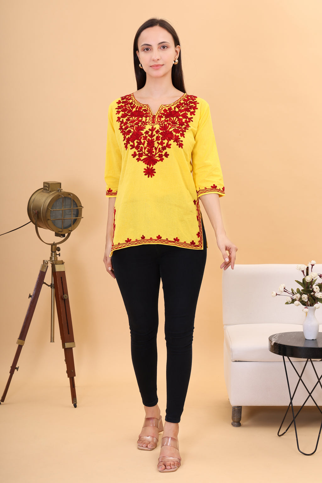 Women Cotton Kashmiri Embriodered Short Regular Fit Kurti
