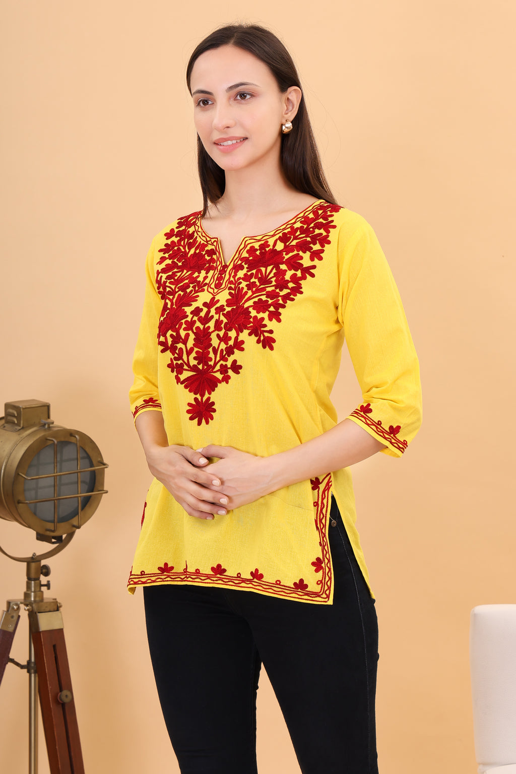 Women Cotton Kashmiri Embriodered Short Regular Fit Kurti