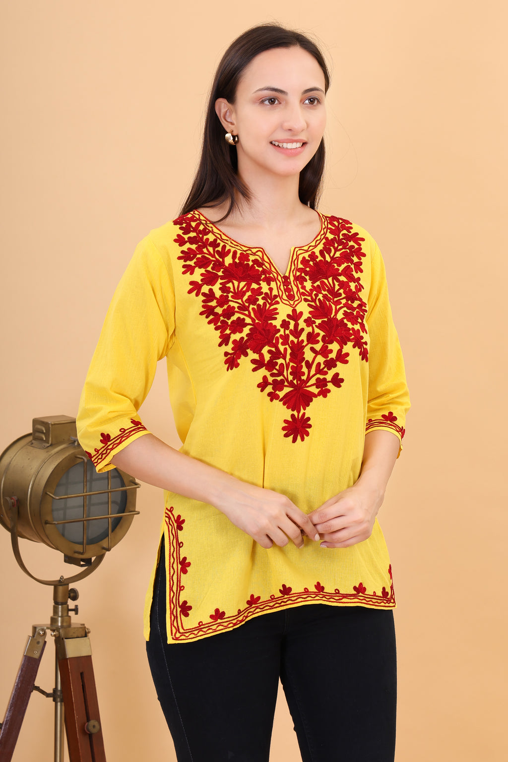 Women Cotton Kashmiri Embriodered Short Regular Fit Kurti