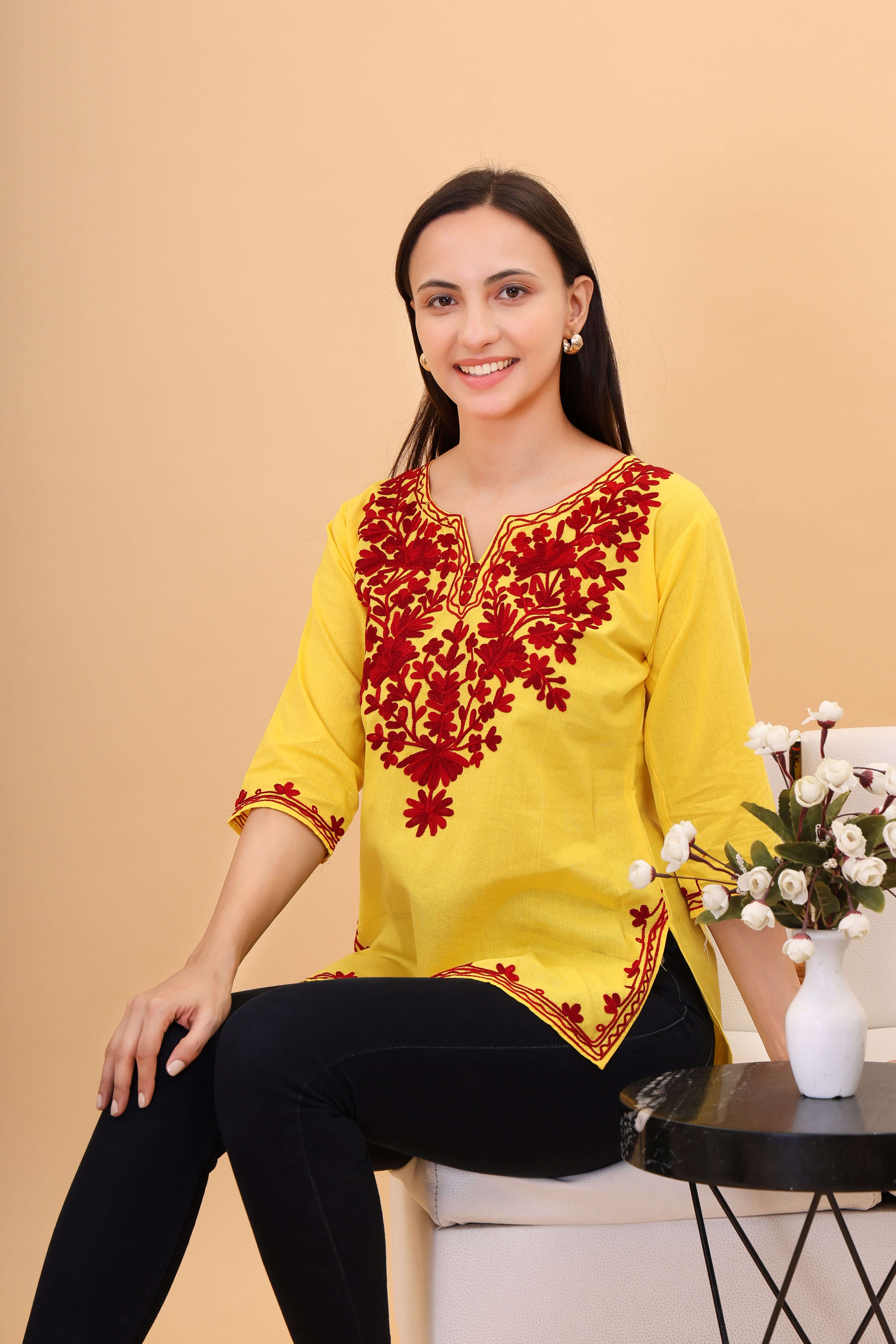 Women Cotton Kashmiri Embriodered Short Regular Fit Kurti
