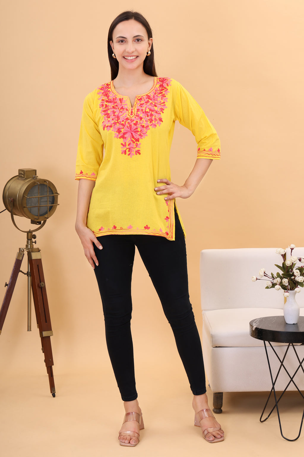 Women Cotton Kashmiri Embriodered Short Regular Fit Kurti