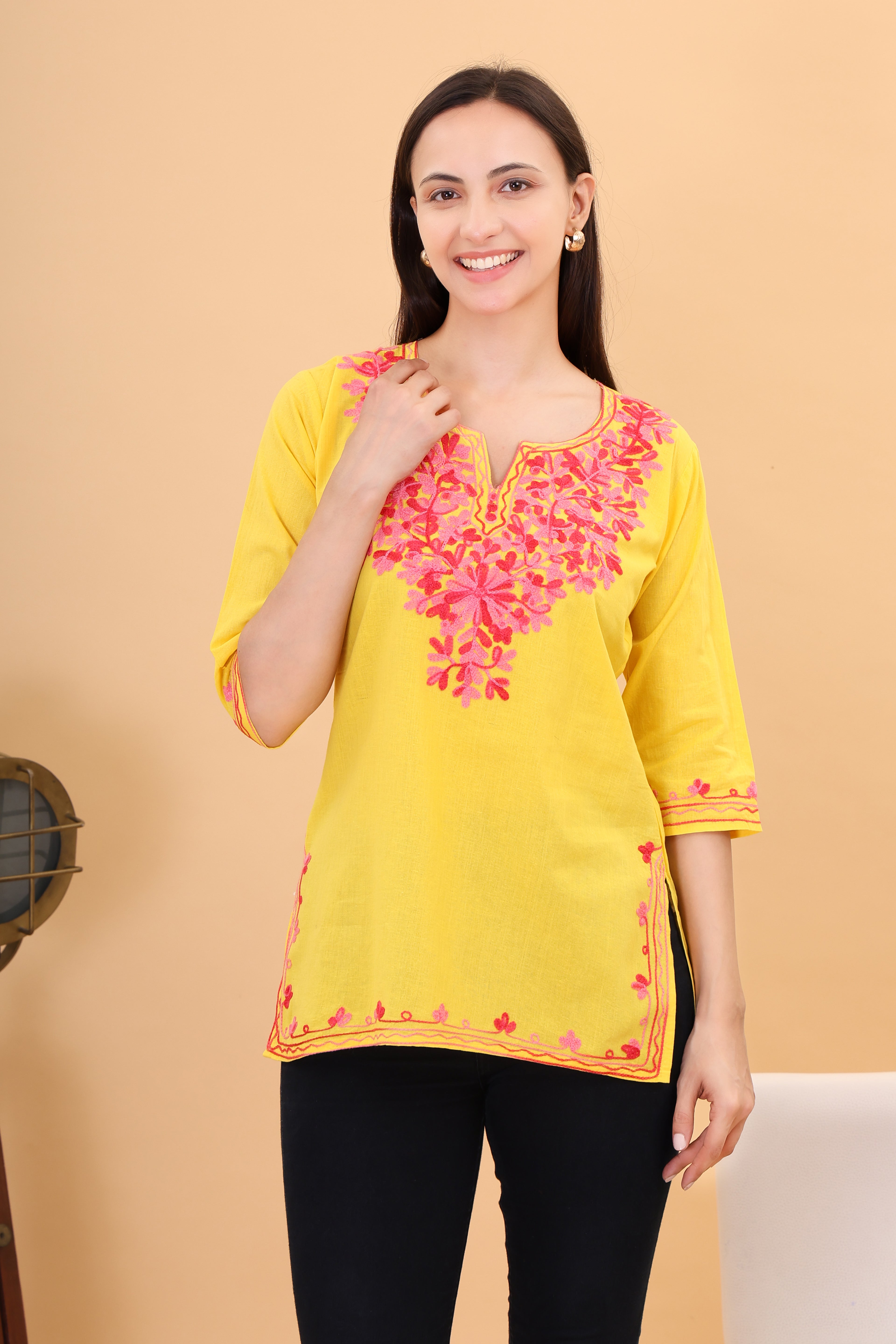 Women Cotton Kashmiri Embriodered Short Regular Fit Kurti