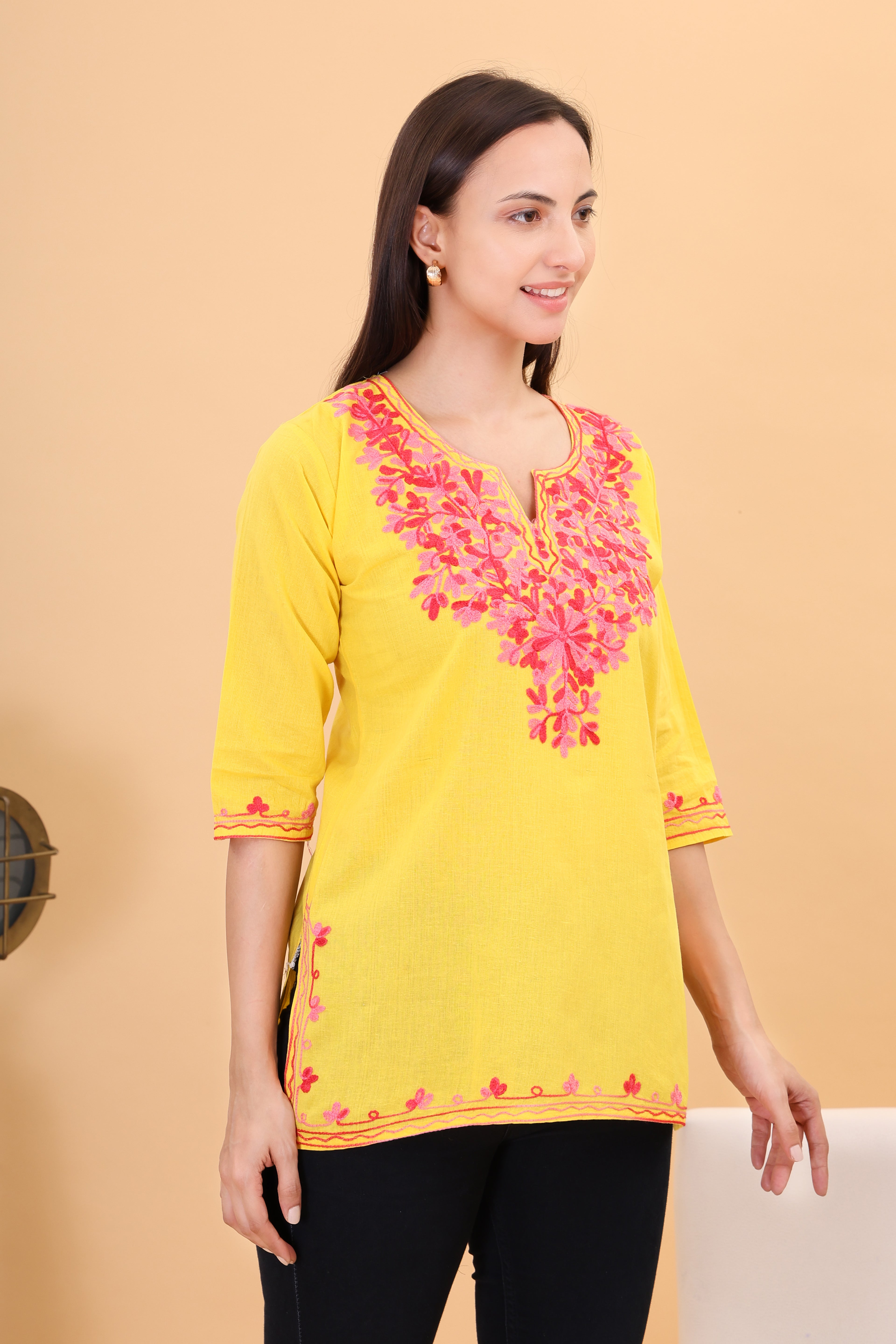 Women Cotton Kashmiri Embriodered Short Regular Fit Kurti