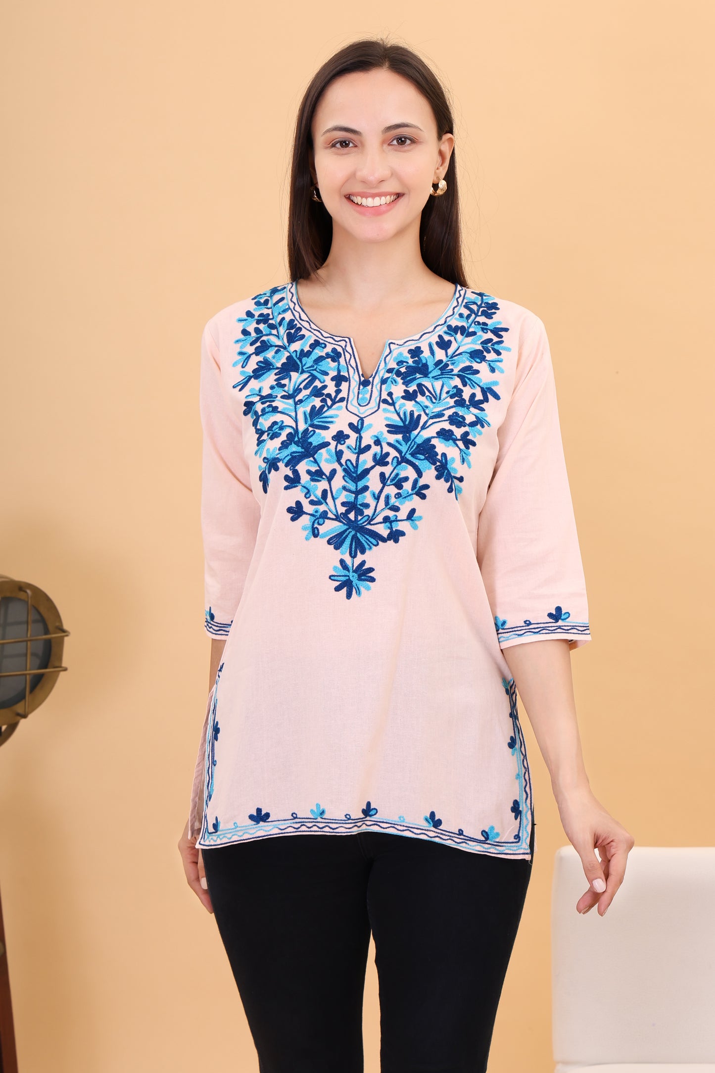 Women's Cotton Straight Kashmiri Embroidery Kurti