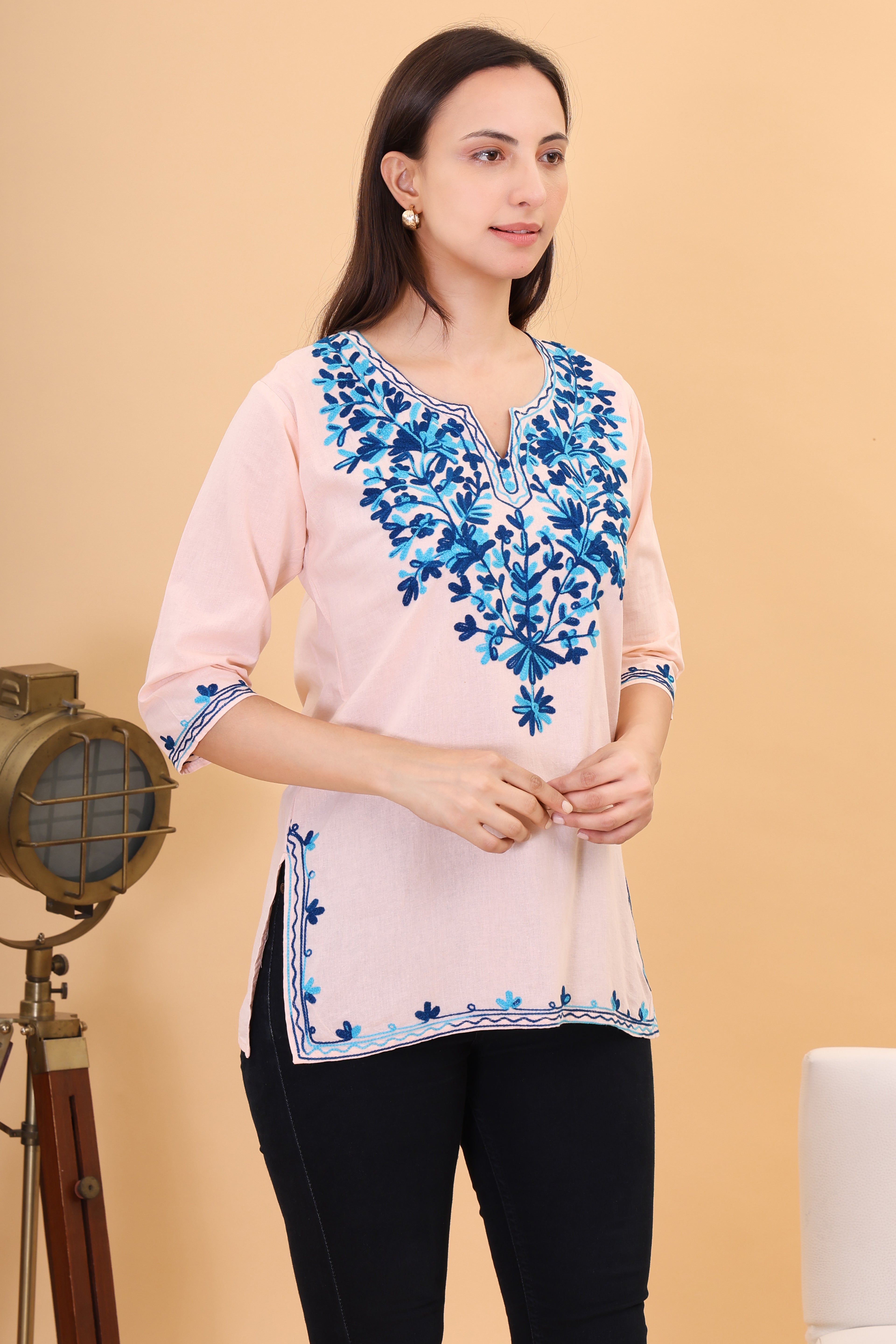 Women Cotton Kashmiri Embriodered Short Regular Fit Kurti