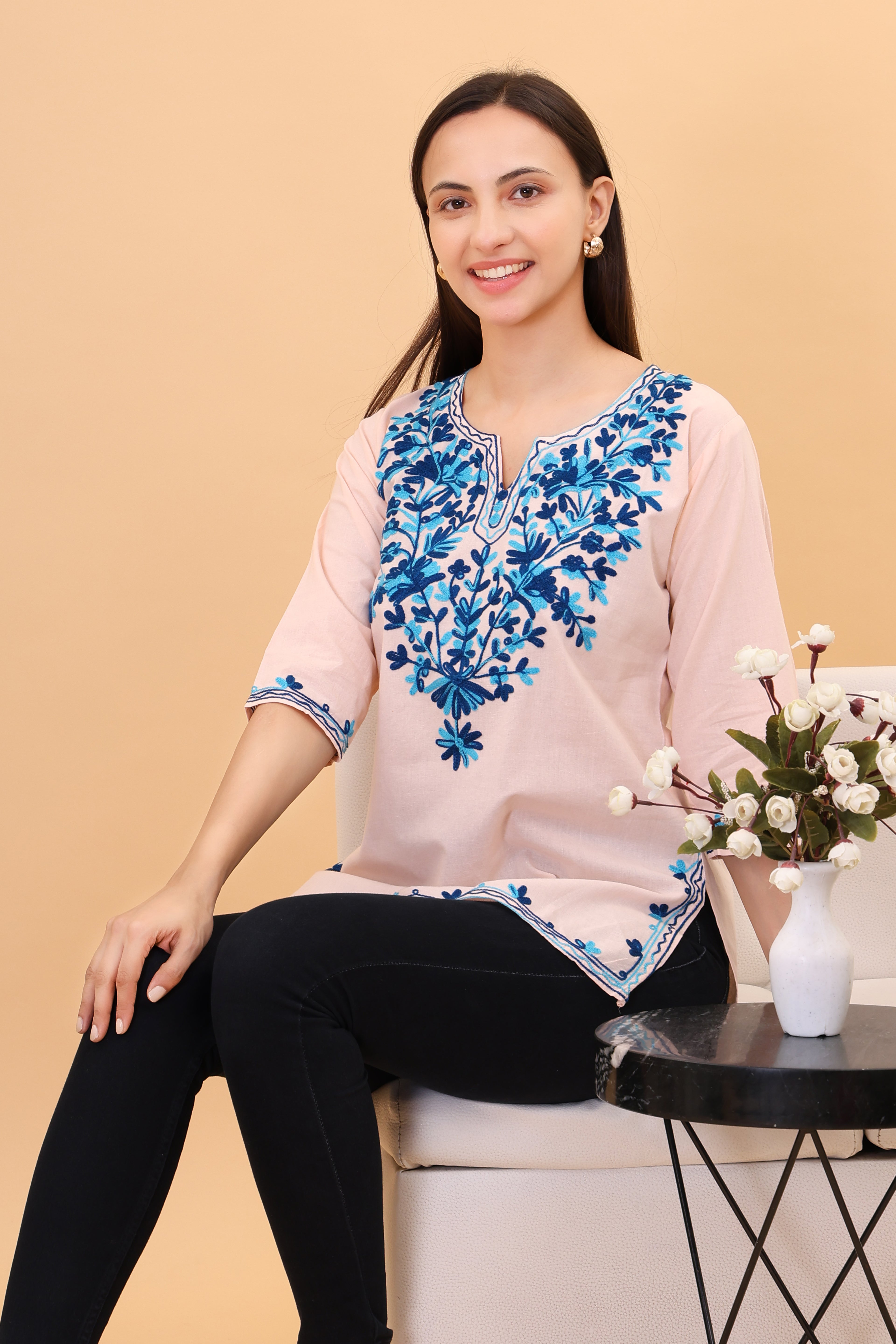 Women Cotton Kashmiri Embriodered Short Regular Fit Kurti