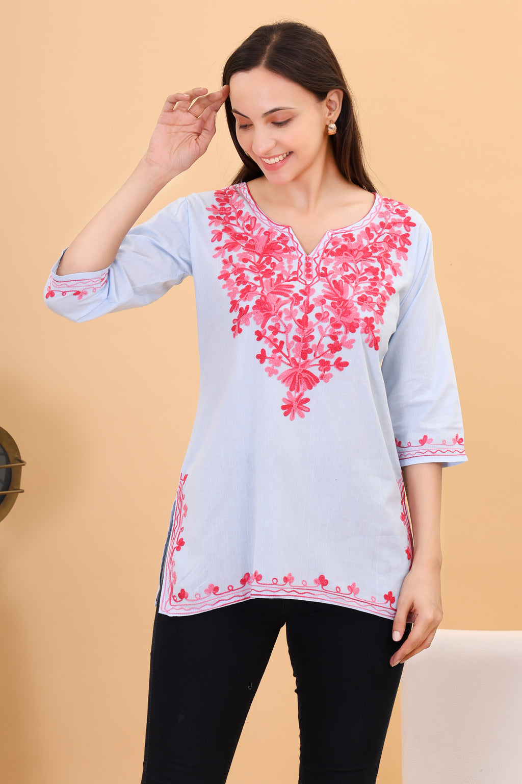 Women Cotton Kashmiri Embriodered Short Regular Fit Kurti