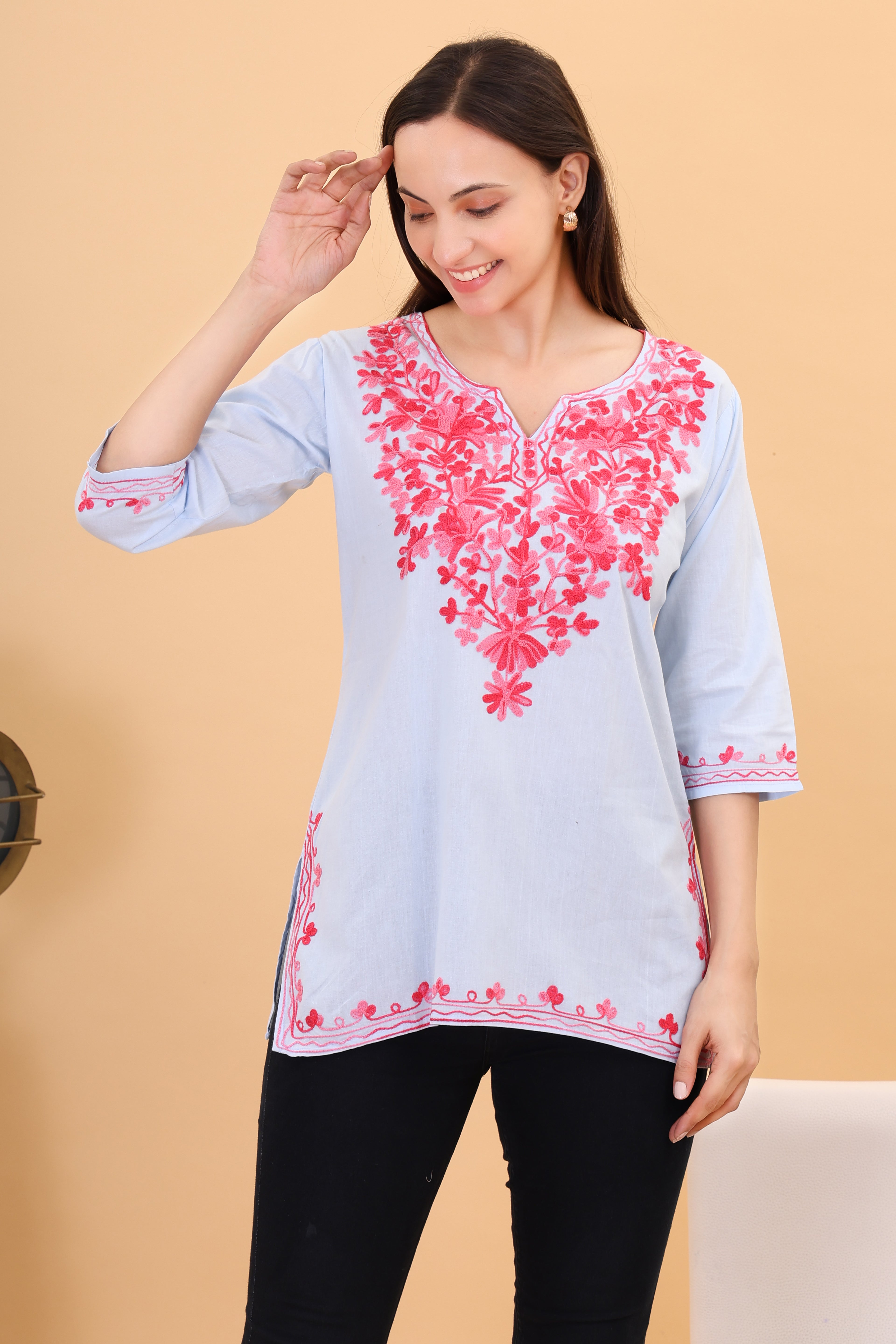 Women Cotton Kashmiri Embriodered Short Regular Fit Kurti