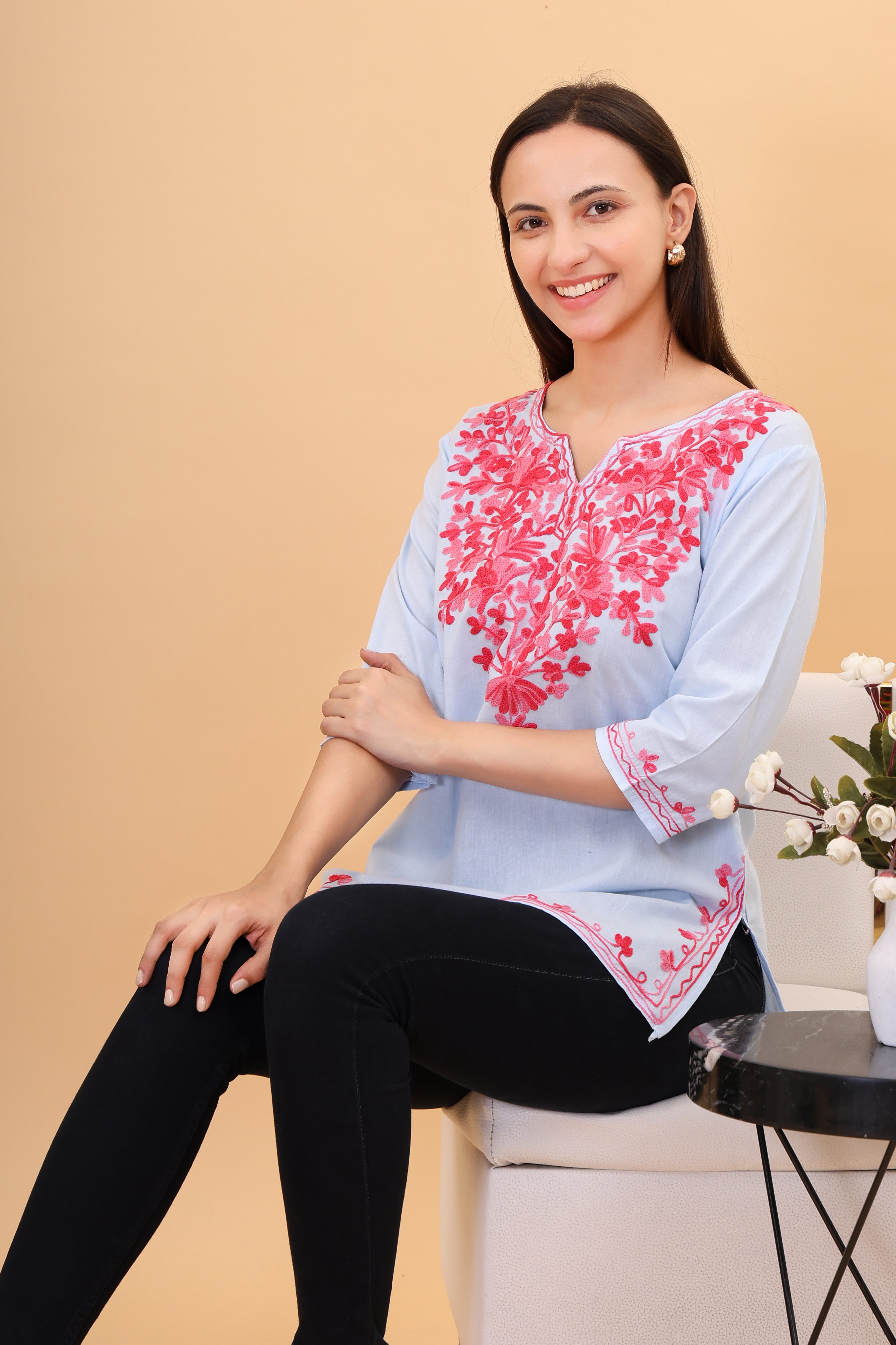 Women Cotton Kashmiri Embriodered Short Regular Fit Kurti