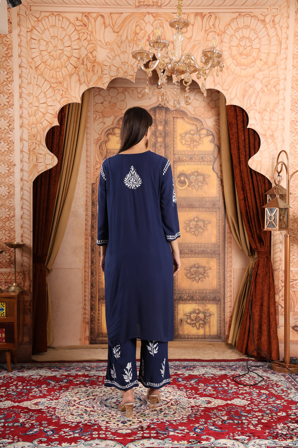 Women Traditional Lucknowi Chikankari Kurti Palazzo set, 3/4 Sleeves, Ethnic Wear