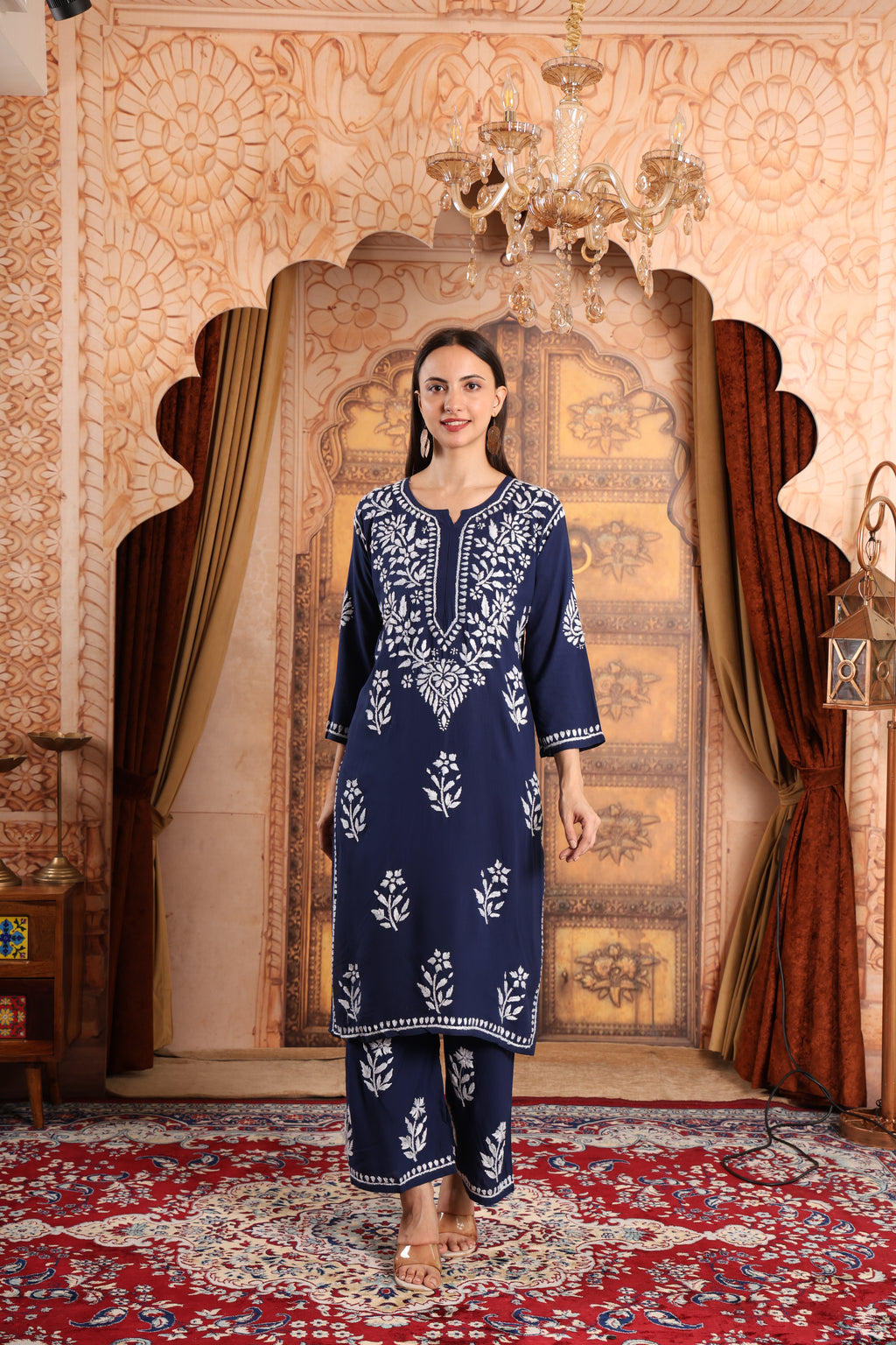 Women Traditional Lucknowi Chikankari Kurti Palazzo set, 3/4 Sleeves, Ethnic Wear