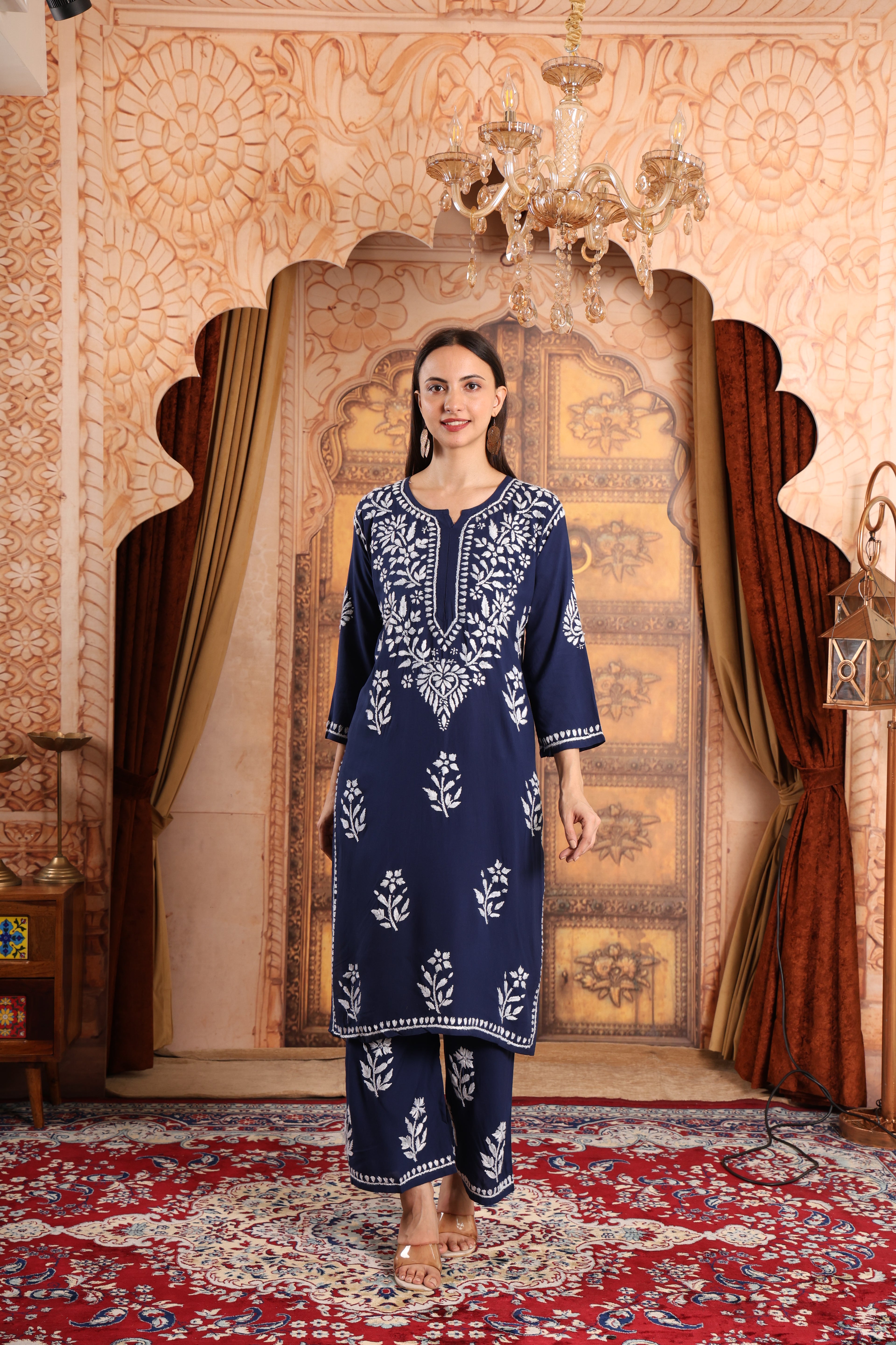 Women Traditional Lucknowi Chikankari Kurti Palazzo set, 3/4 Sleeves, Ethnic Wear