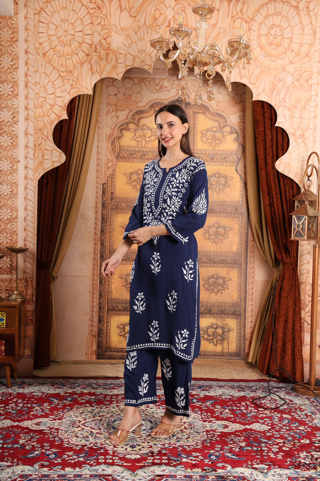Women Traditional Lucknowi Chikankari Kurti Palazzo set, 3/4 Sleeves, Ethnic Wear