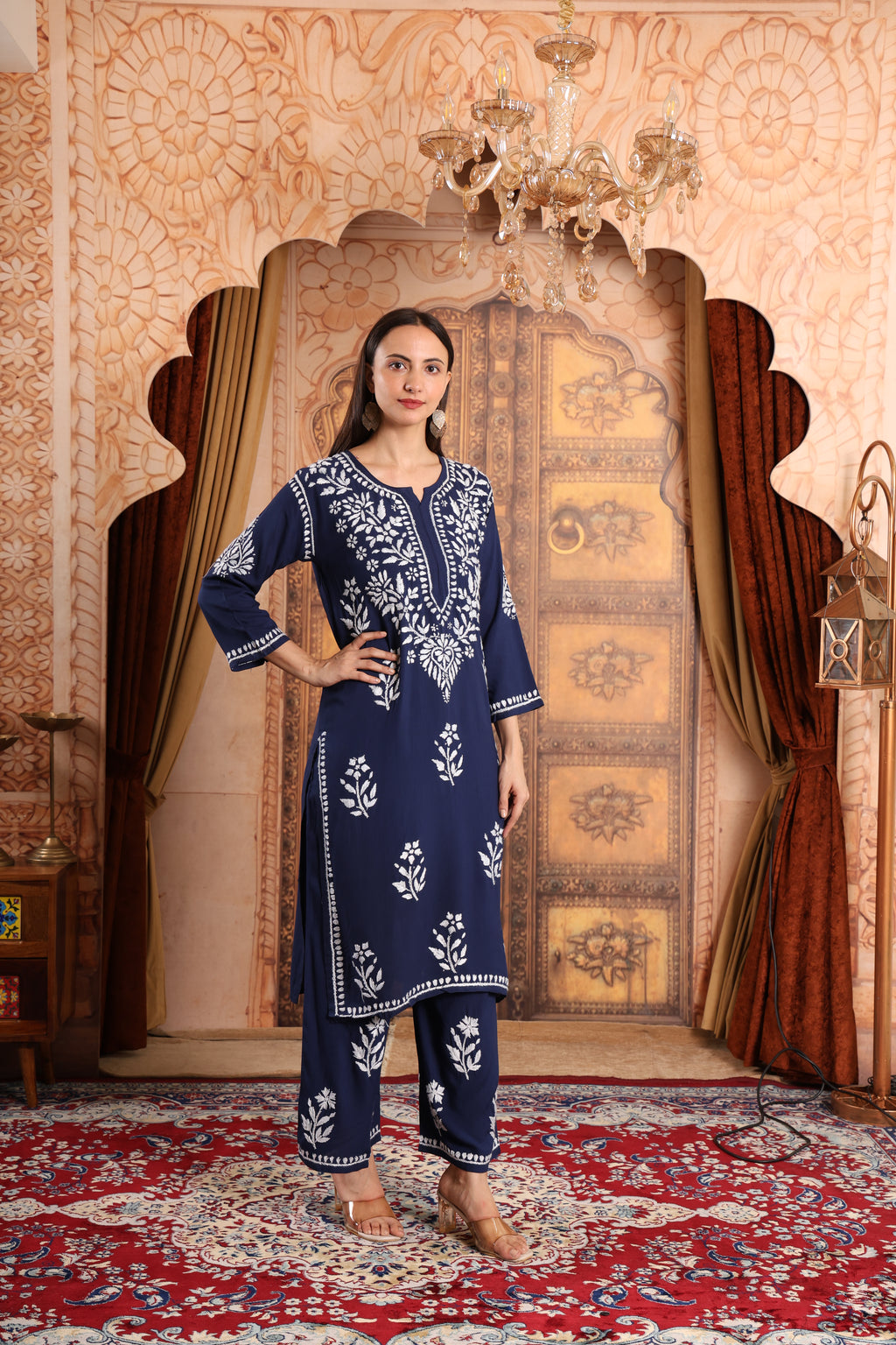 Women Traditional Lucknowi Chikankari Kurti Palazzo set, 3/4 Sleeves, Ethnic Wear