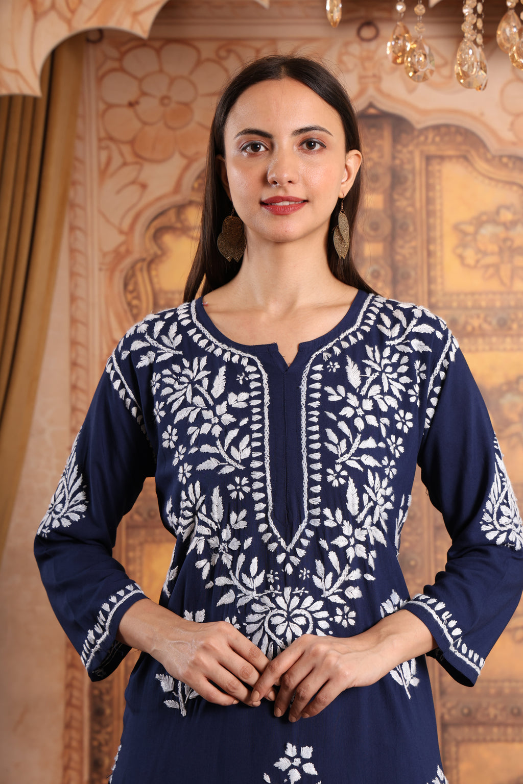 Women Traditional Lucknowi Chikankari Kurti Palazzo set, 3/4 Sleeves, Ethnic Wear