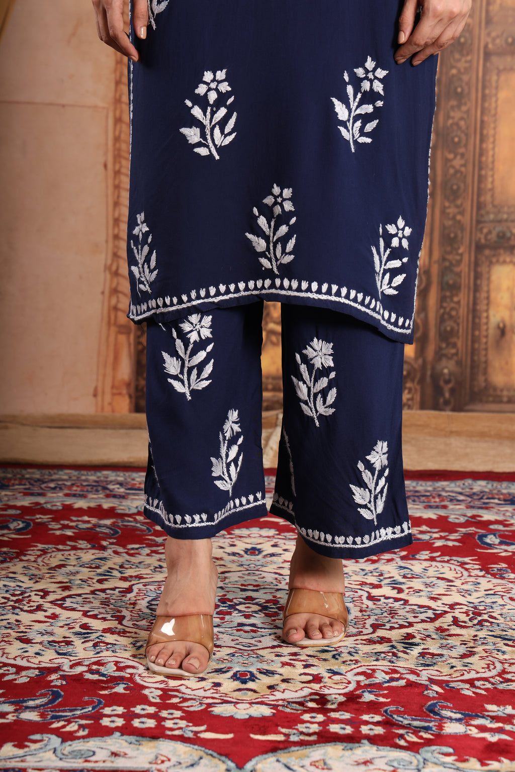 Women Traditional Lucknowi Chikankari Kurti Palazzo set, 3/4 Sleeves, Ethnic Wear