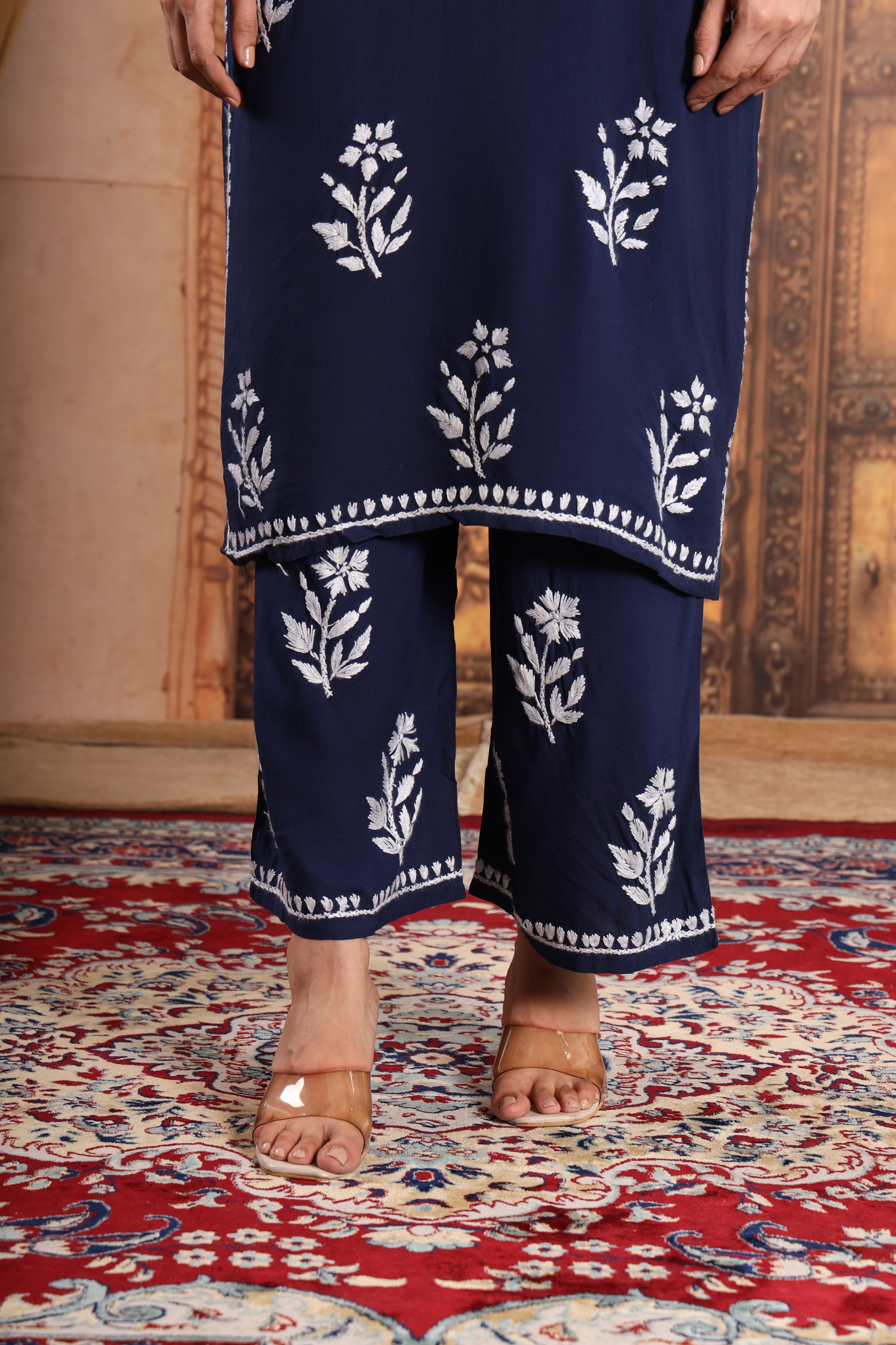 Women Traditional Lucknowi Chikankari Kurti Palazzo set, 3/4 Sleeves, Ethnic Wear