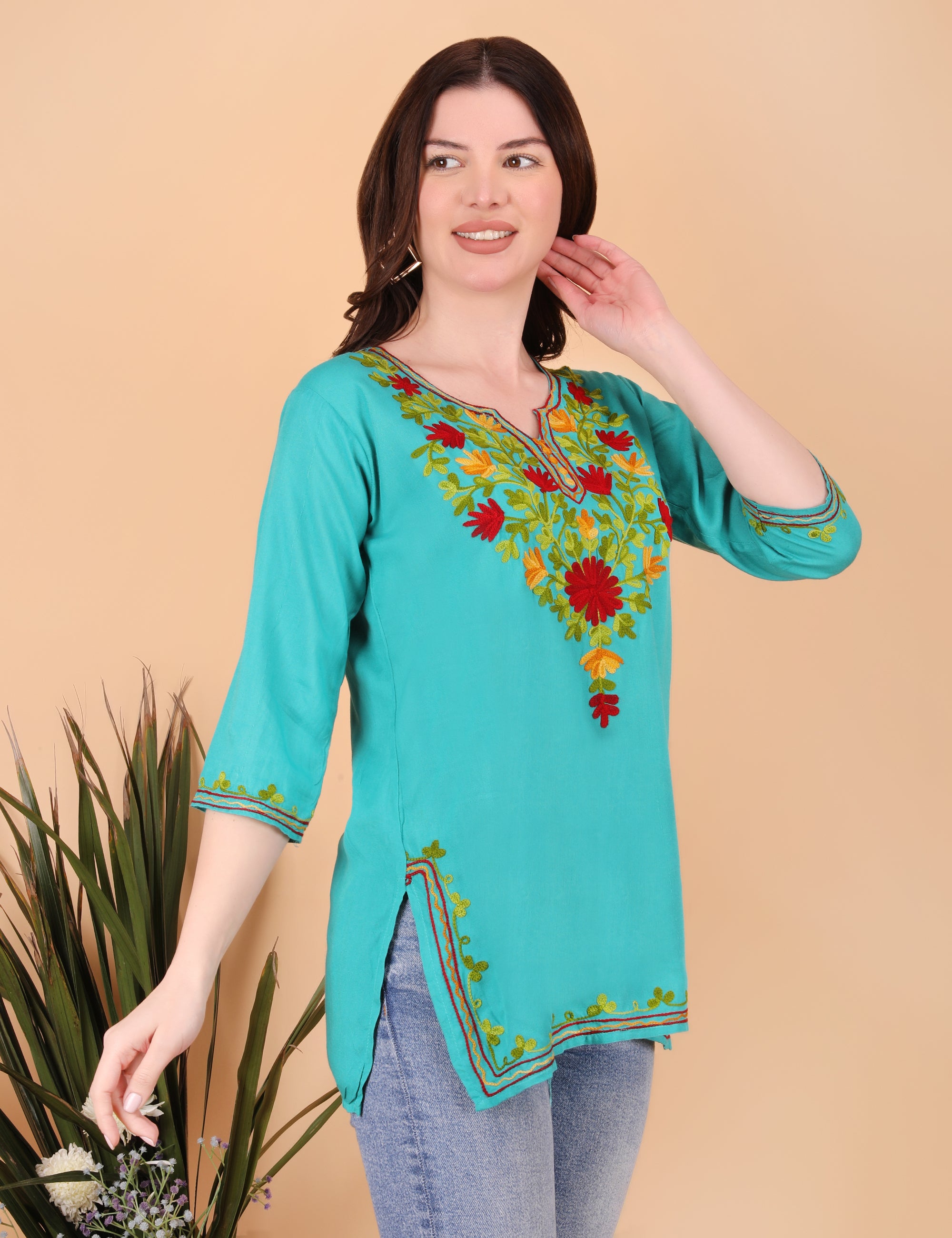 Women Traditional Kashmiri Short Kurti with Floral Embroidery, 3/4 Sleeves, Ethnic Wear (Copy)