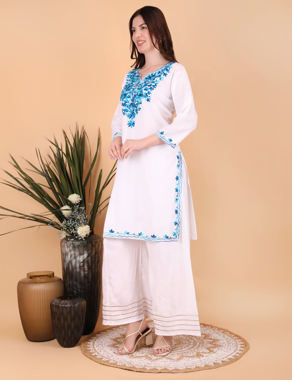 Women Cotton Kashmiri Embriodered Long Regular Fit Kurti