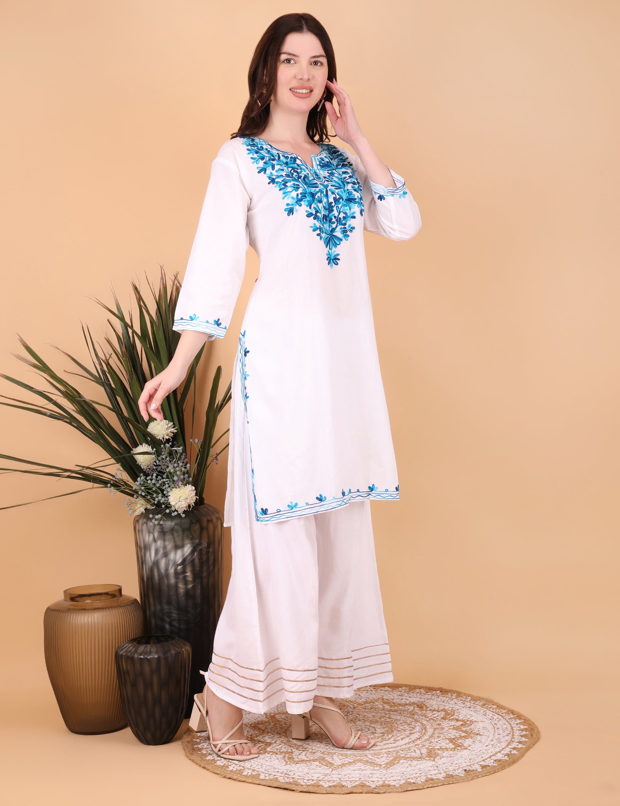 Women Cotton Kashmiri Embriodered Long Regular Fit Kurti